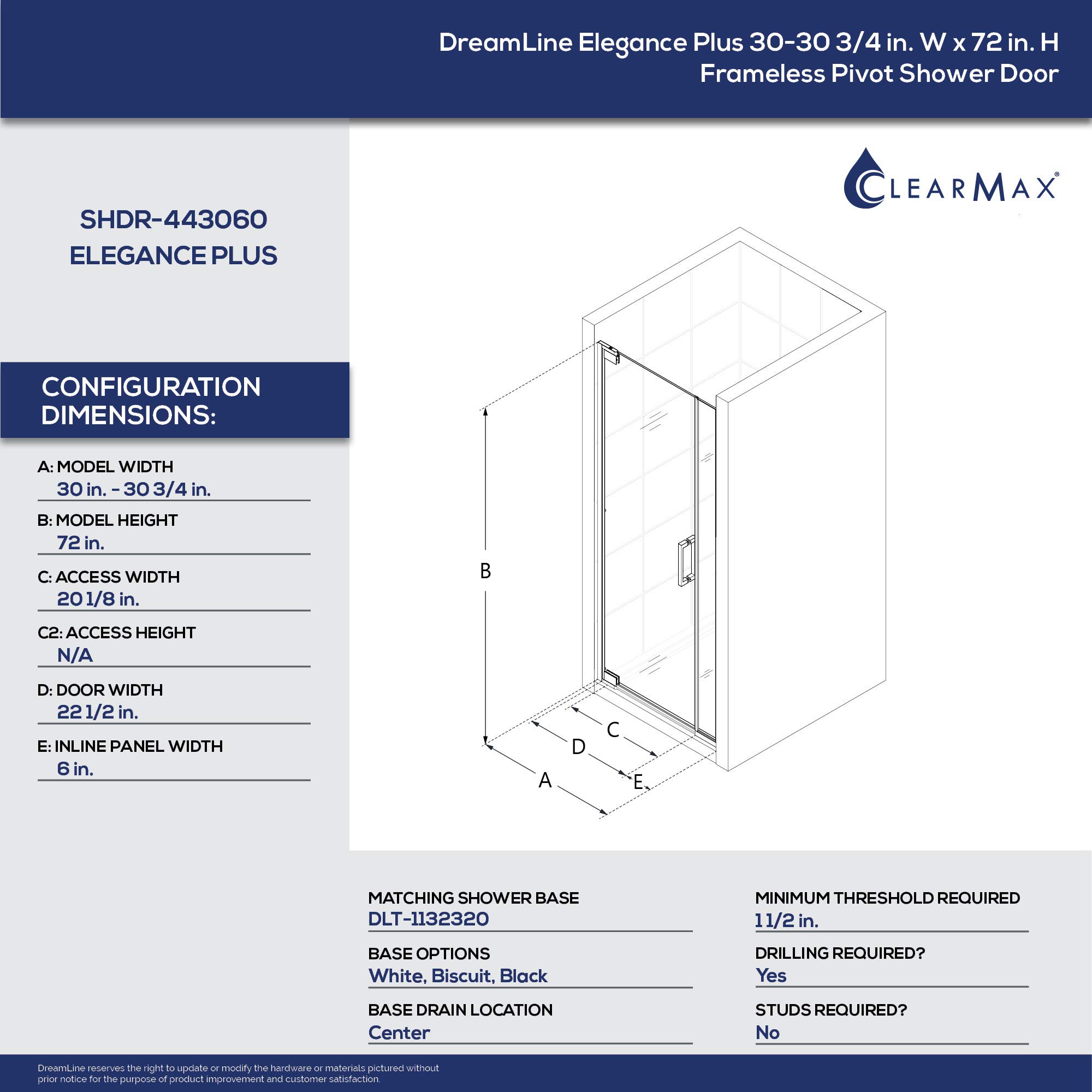 DreamLine Elegance Plus Frameless Pivot Shower Door 30-30 3/4