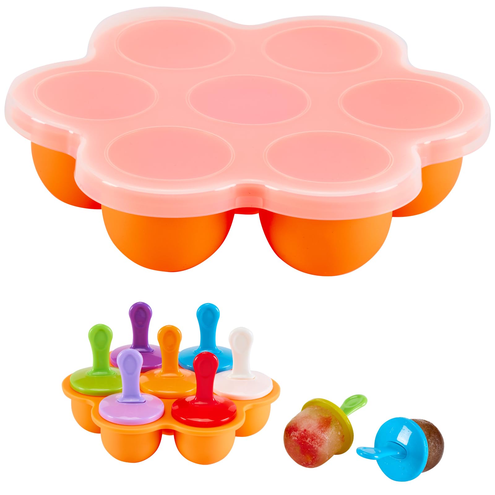 **7-Cavity Silicone Popsicle Molds with Lid - Non-Stick Ice Pop & Baby Food Storage Containers, Reusable Ice Cube Trays & Cake Molds (Orange) - Perfect for Homemade Treats, Kids Snacks & Party Desserts**