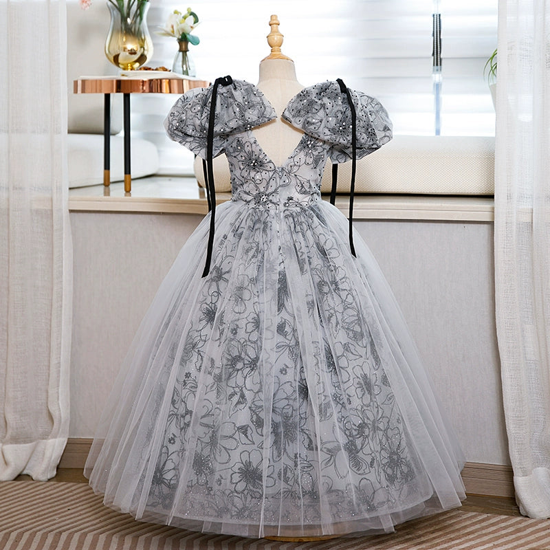 Elegant Baby Girls Puff Sleeve Floral Evening Dress - Toddler Ball Gowns for Special Occasions, Birthday Parties & Photo Shoots