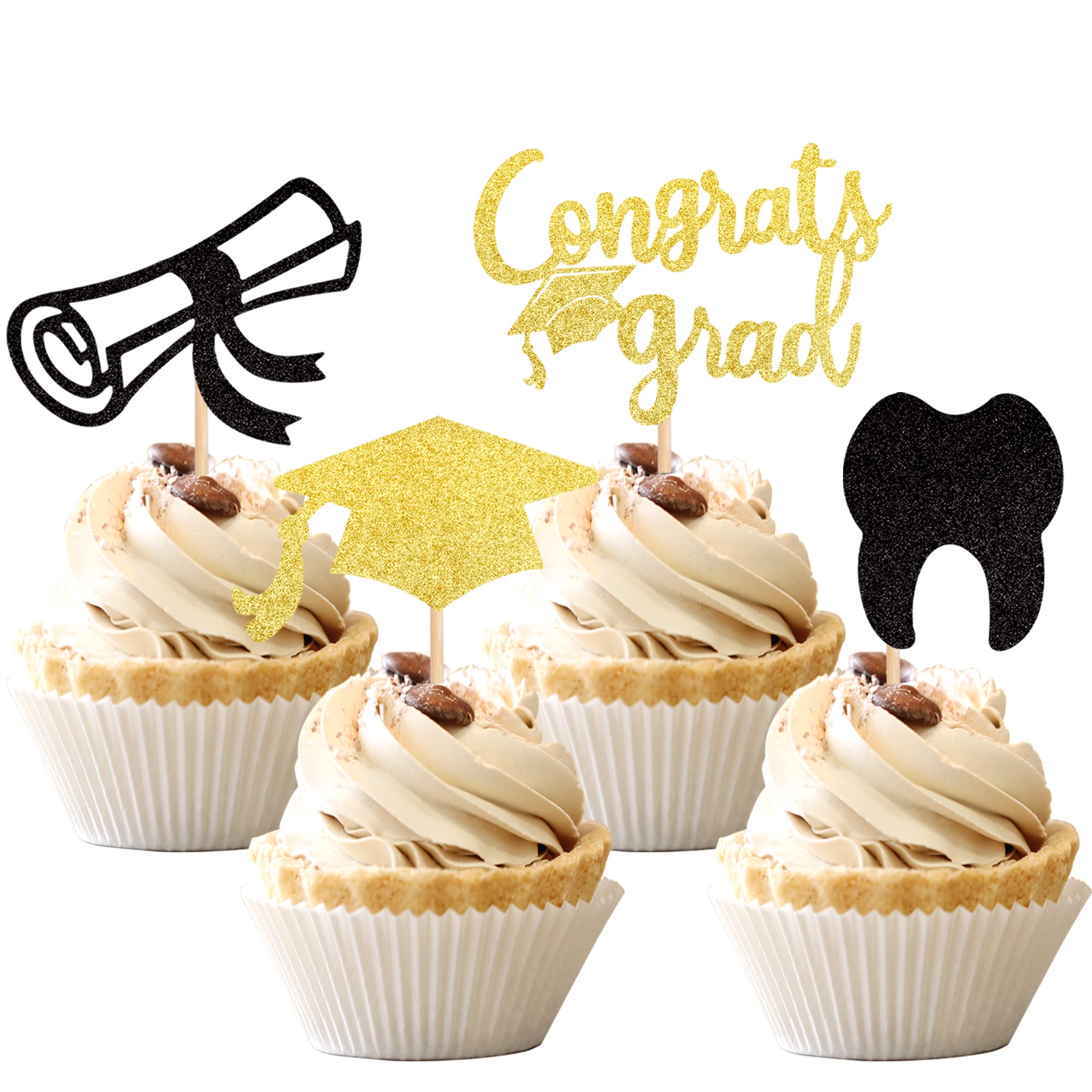 24 PCS 2025 Graduation Cupcake Toppers - Glitter Class of 2025 Cap & Diploma Designs - Dentist Congrats Grad Cupcake Picks for Graduation Party, Cake Decorations (Black & Gold) - Perfect for Dentist Graduation Celebrations, School Parties & Cake Decorating