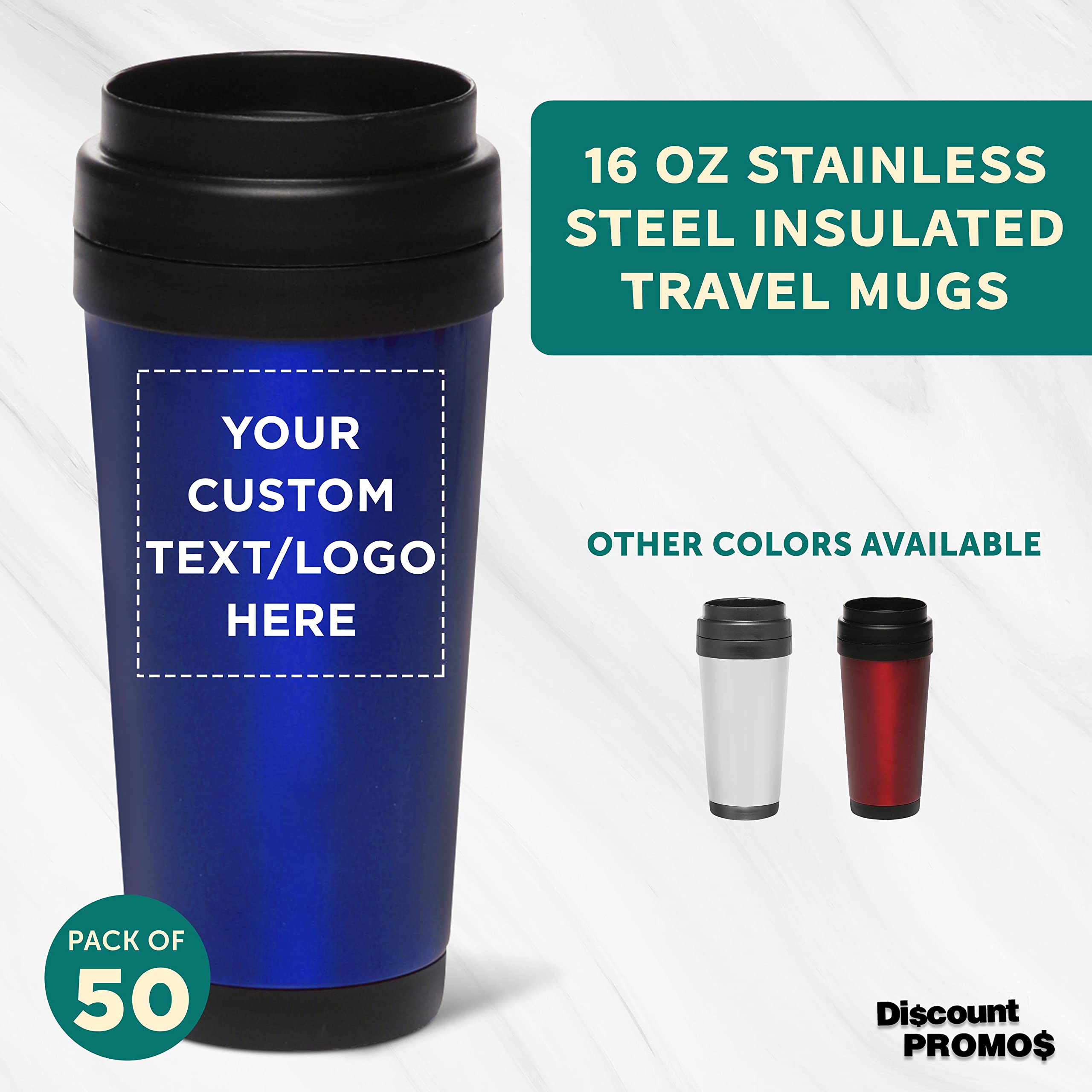 Custom Insulated Stainless Steel Travel Mugs 16 oz (50-Pack) - Personalized Bulk Coffee Cups for Hot & Cold Beverages - Perfect for Office, Events, Gifts & Daily Use - Reusable Blue Tumblers for Iced Coffee, Tea, Soda & More