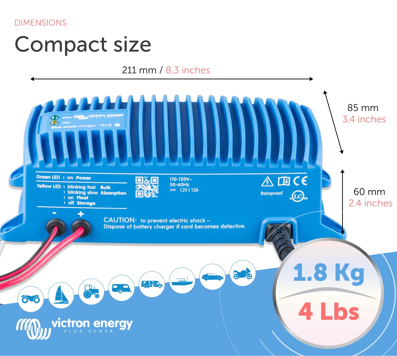 Victron Energy Blue Smart IP67 12V 13A Marine Battery Charger - Waterproof Smart Charger with Float & Trickle Mode for Boats, RVs, ATVs - Lithium & Deep Cycle Battery Maintainer & Desulfator - Perfect for Marine, Camping & Off-Grid Power Systems