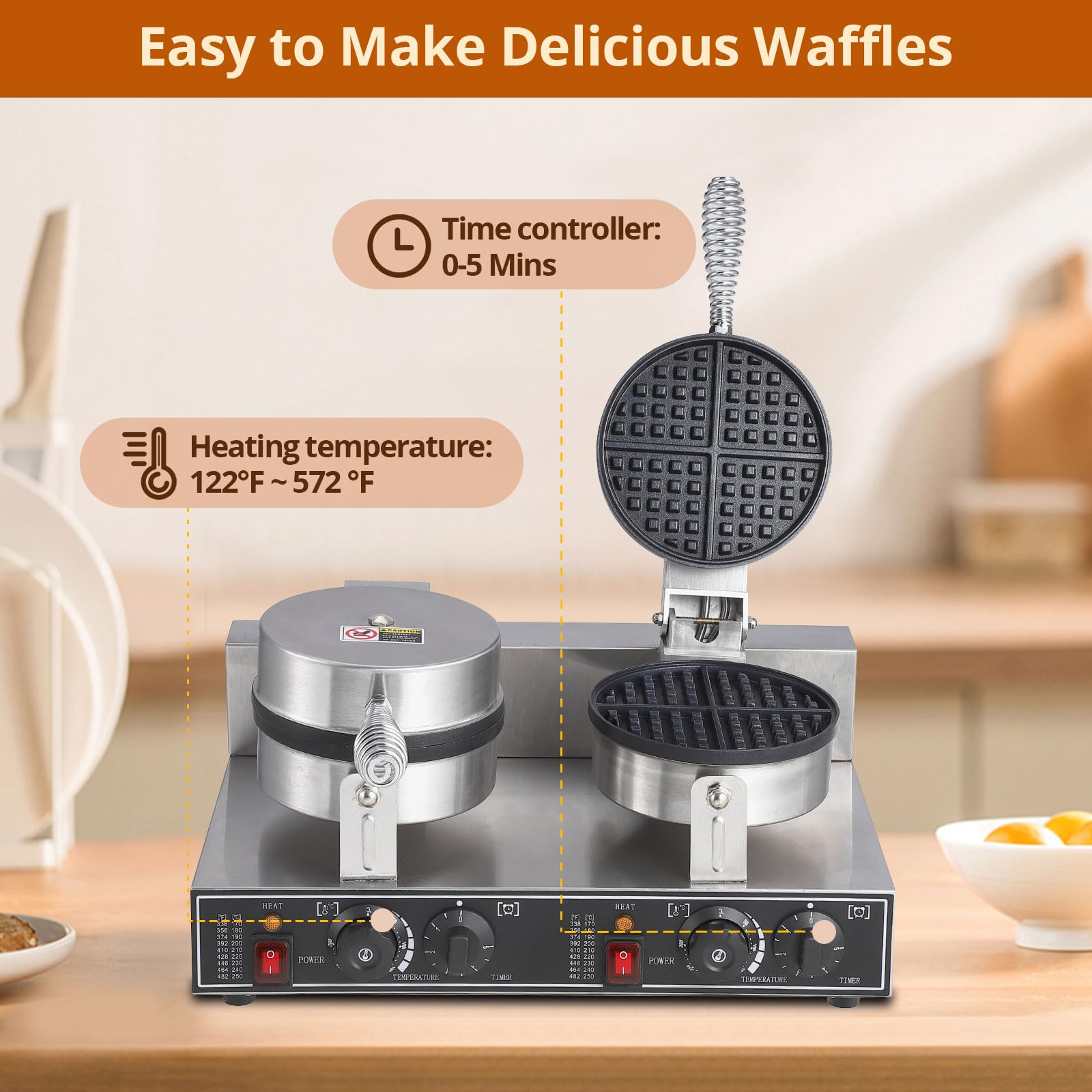 Professional Commercial Waffle Maker Machine - 2600W 110V Non-Stick Griddle with Adjustable Temperature & Timer Control - Perfect for Hotels, Restaurants, Cafes & Breakfast Catering
