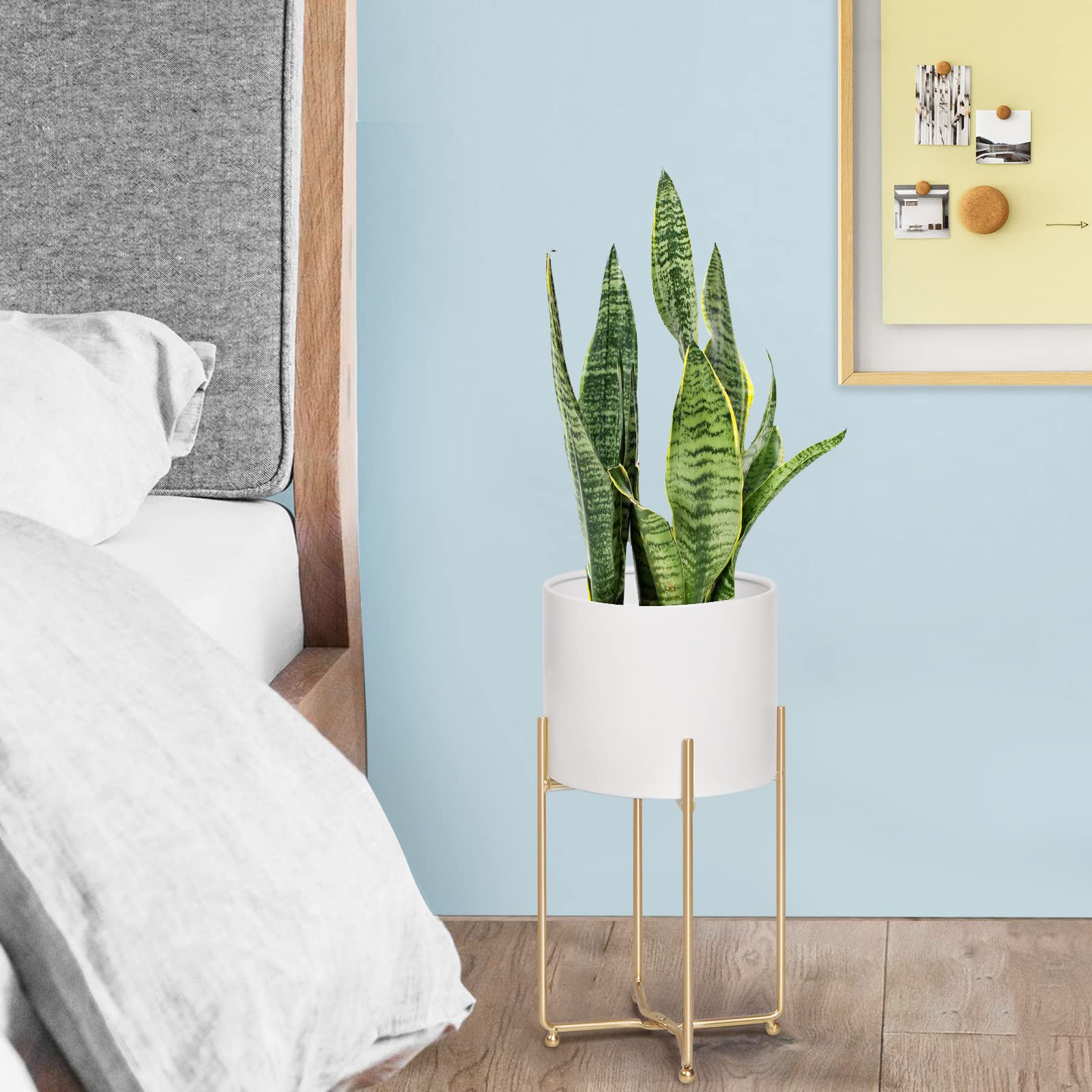 **Elegant White Metal Planters with Gold Stands - Set of 3 Large Indoor Flower Pots for Mid-Century Modern Decor (9/8/7 Inch) - Perfect for Living Room, Corner, Patio & Office Spaces**