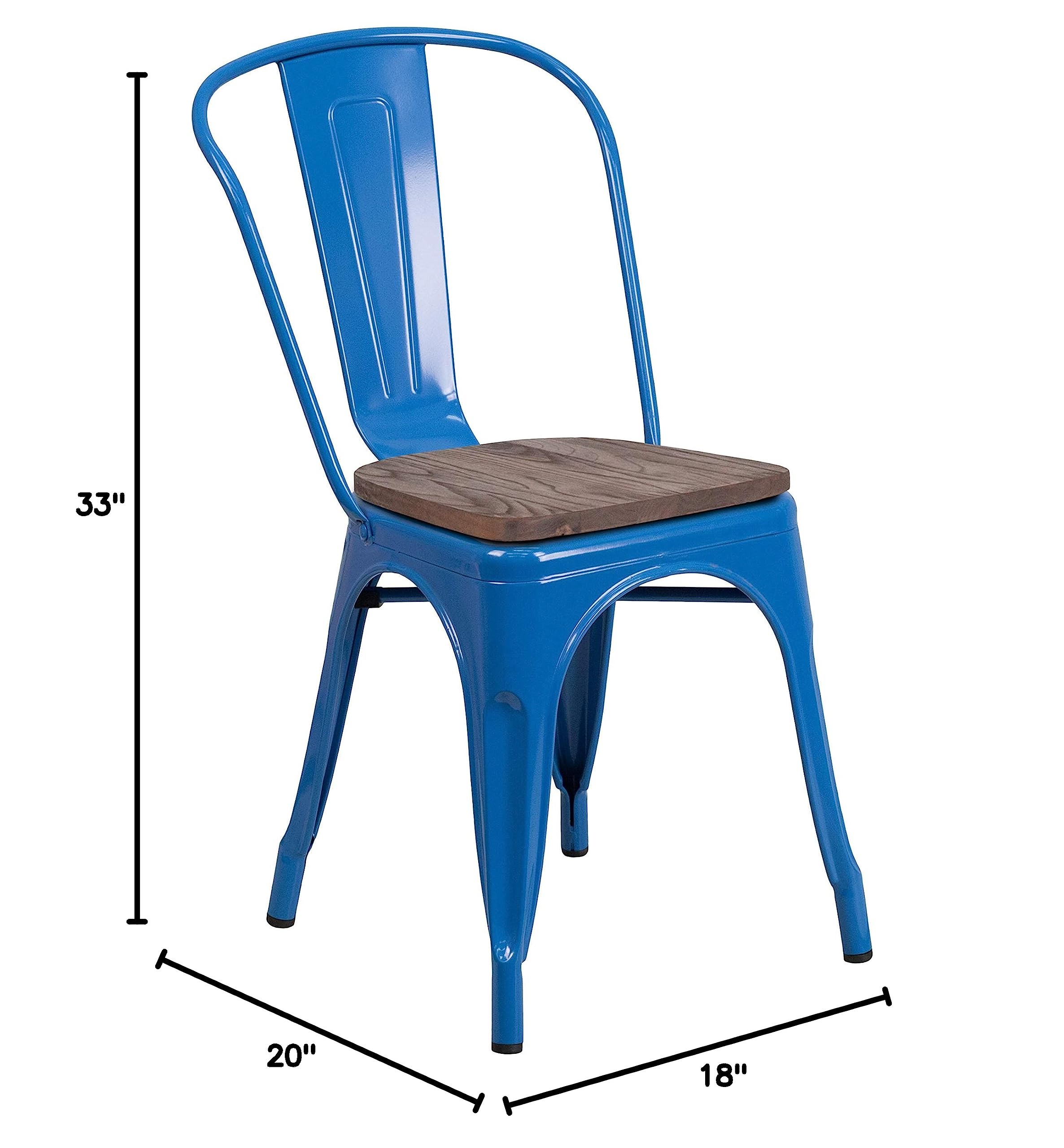 4 Pack Blue Metal Stackable Dining Chairs with Wood Seat - Heavy Duty Restaurant Chairs & Bistro Chairs for Indoor/Outdoor Use - Perfect for Cafes, Patios, Kitchens and Events