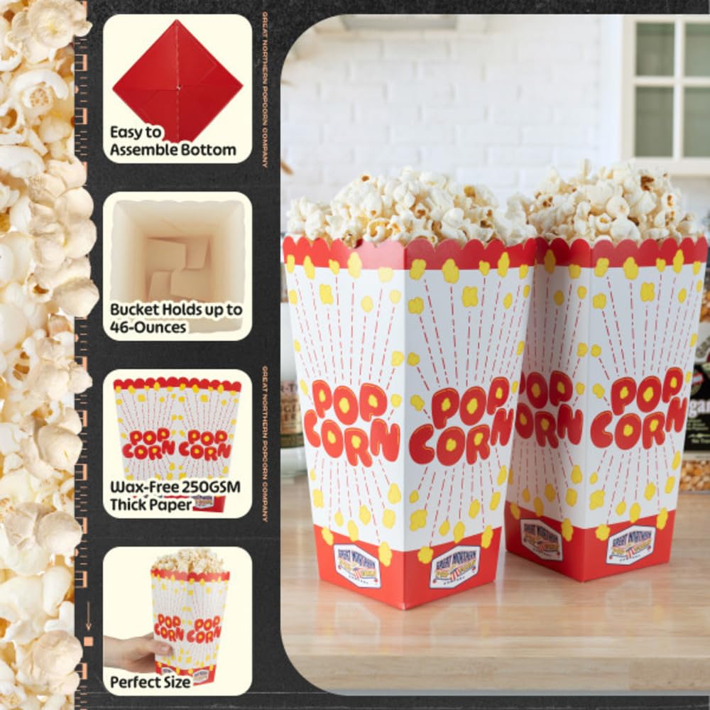 50-Pack 46oz Wax-Free Popcorn Boxes | Paper Popcorn Containers for Movie Night, Party Supplies & Concessions | Great Northern Popcorn | Perfect for Home Theater, Birthday Parties & Carnival Events