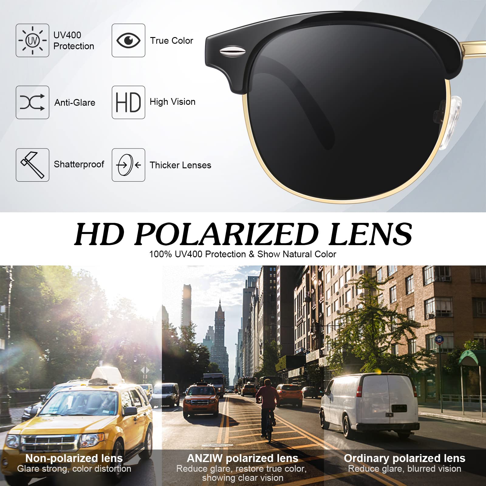 Polarized Sunglasses for Men & Women - UV400 Protection Retro Semi-Rimless Shades - Perfect for Driving, Fishing & Outdoor Activities