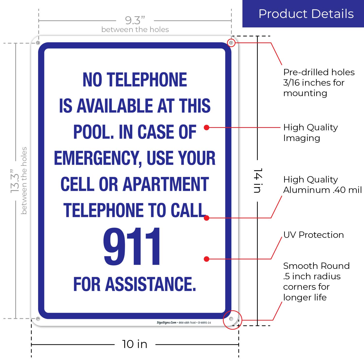 Sigo Signs No Telephone Available at This Pool Sign 10x14 Inches Rust Free Aluminum Fade Resistant Indoor Outdoor Use Made in USA for Swimming Pools Water Parks Public Facilities