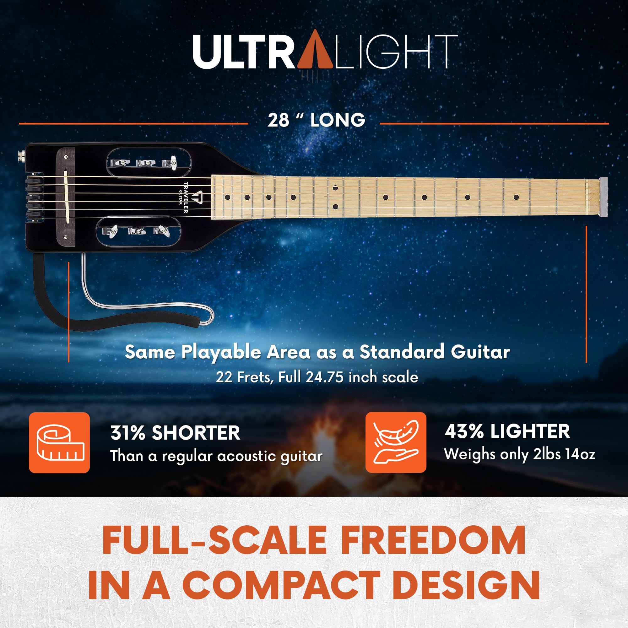 Ultra-Light Travel Acoustic-Electric Guitar - Black Gloss Finish | Portable for Camping, Busking & Small Spaces | Perfect Travel Companion for Musicians
