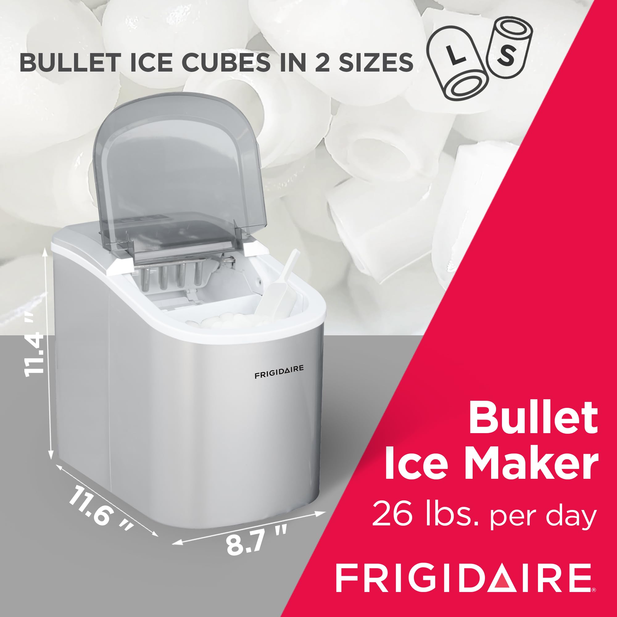 Frigidaire EFIC189-Silver 26 lb Per Day Portable Ice Maker Machine - Compact Countertop Ice Cube Maker for Home, Office, Bar, Party & RV - Silver