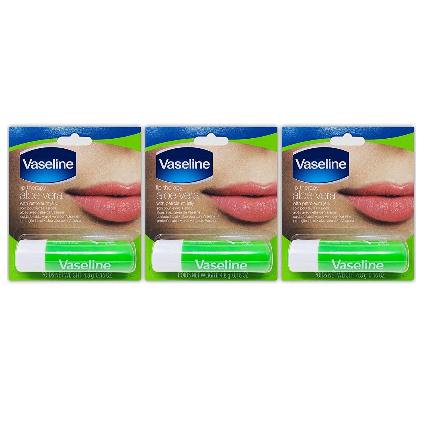 Vaseline Lip Therapy Aloe Vera Lip Balm - 3 Pack (0.16 Oz Each) | Petroleum Jelly Moisturizer for Dry, Chapped & Cracked Lips | Hydrating Lip Care with Natural Aloe | Perfect for Winter, Travel & Daily Use