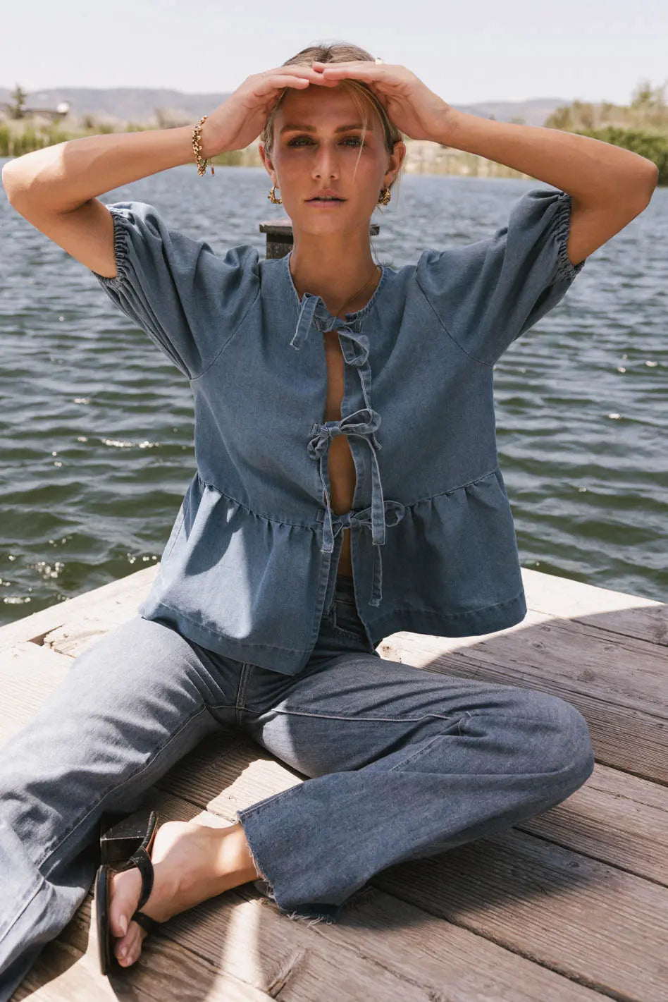 Natalia Peplum Tie Blouse - Light Wash Women's Tops | Casual & Office Wear | FINAL SALE | Perfect for Work, Date Night & Special Occasions