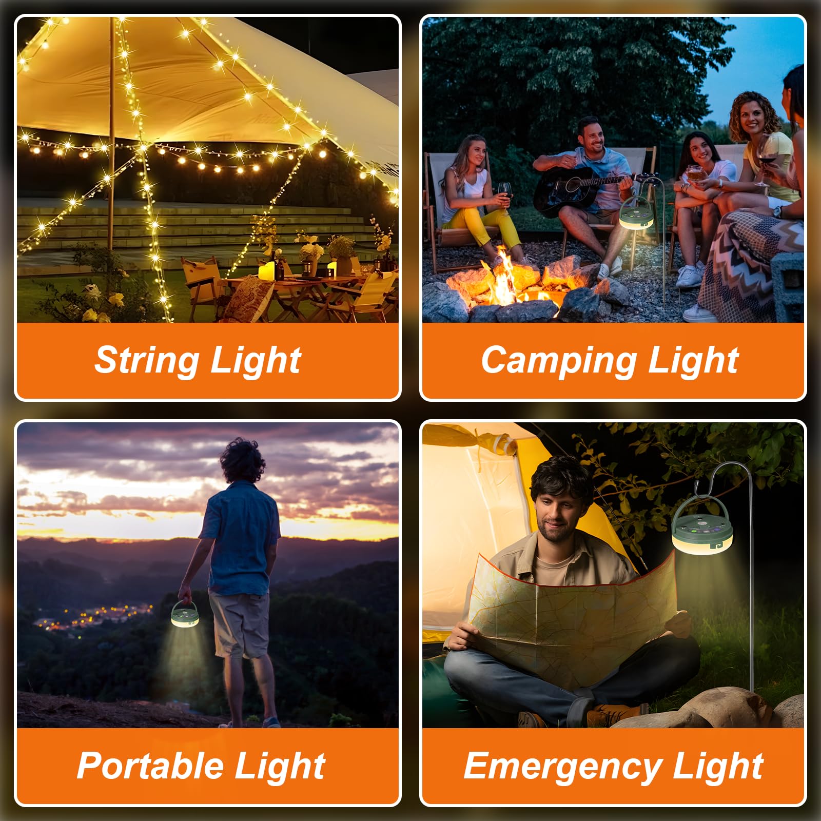 HELESIN 3-in-1 Waterproof Portable String Lights - USB Rechargeable Outdoor Camping Lights with 8 Lighting Modes for Tent, Backyard, RV & Patio (Warm White) - Perfect for Camping Trips, Backyard Parties and Outdoor Decorations
