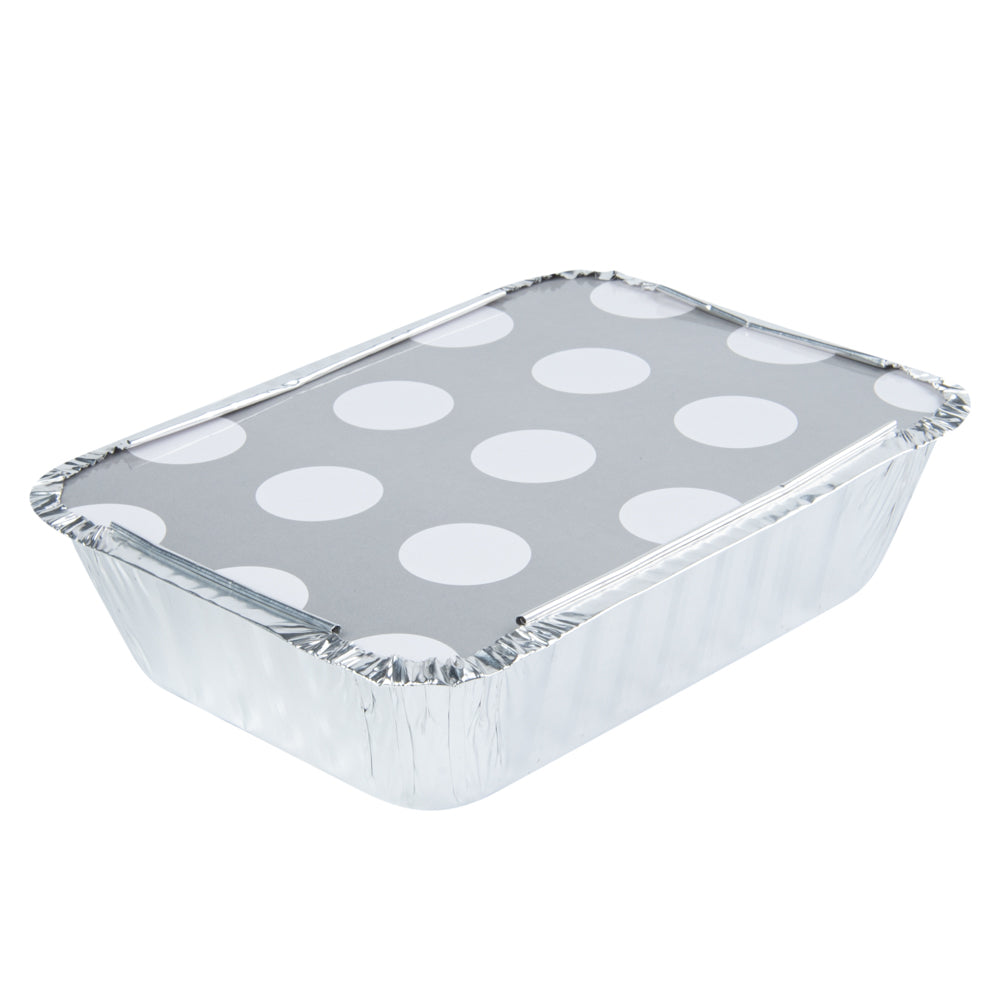 16 oz Rectangle Silver Aluminum Take Out Containers with Polka Dot Paper Lids - 7.25