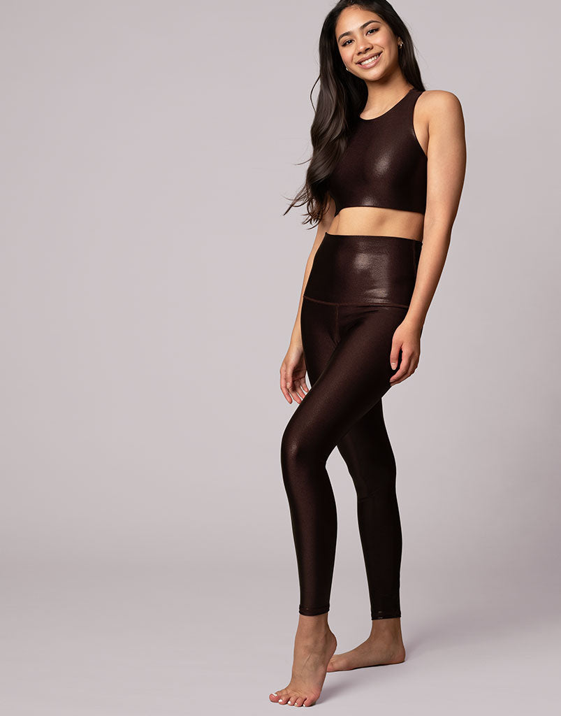 High Waist Chocolate Shimmer Leggings for Women - Soft Stretchy Yoga Pants with Shiny Metallic Finish - Perfect for Workout, Yoga, Running & Casual Wear