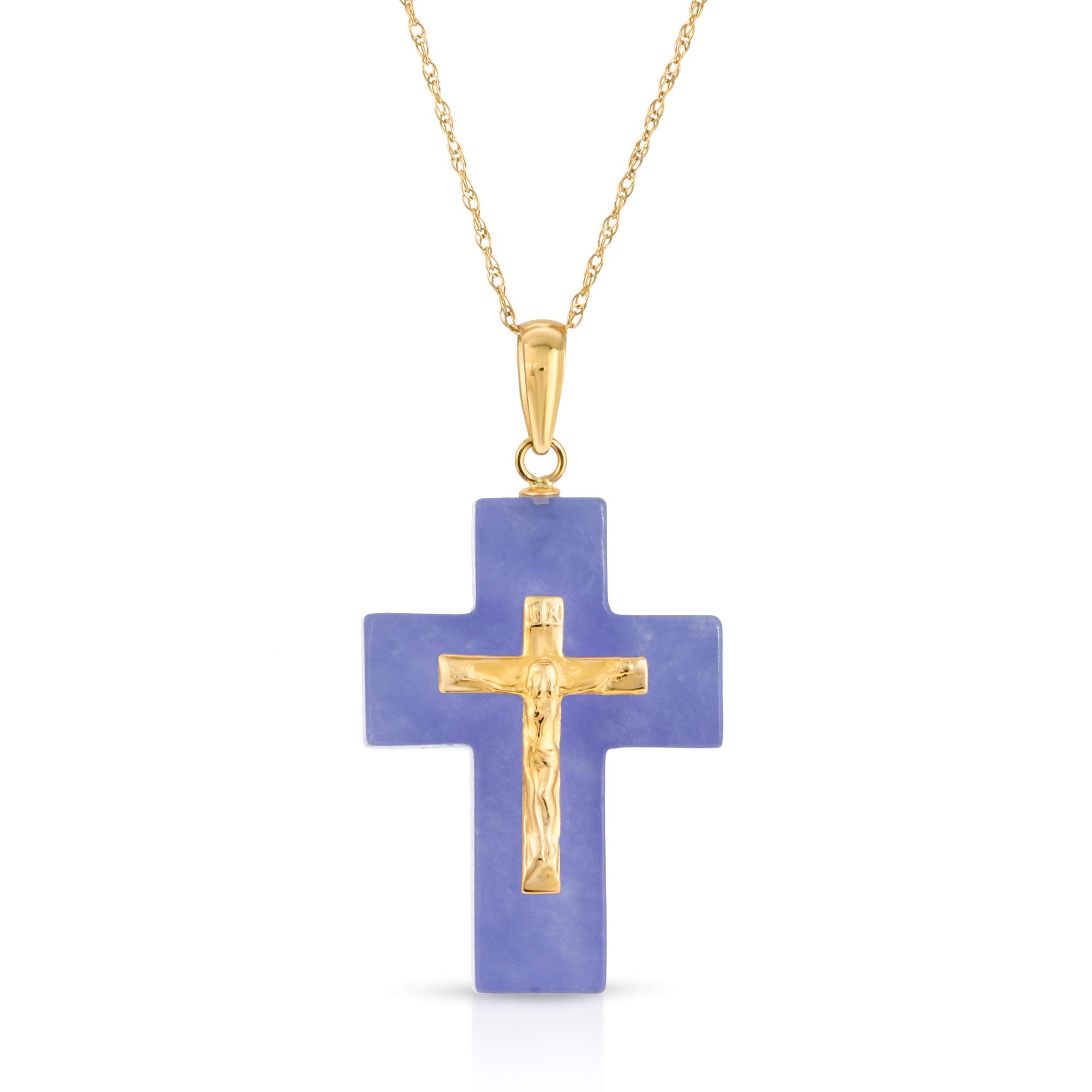 14K Yellow Gold Genuine Jade & Crucifix Cross Pendant Necklace - 17