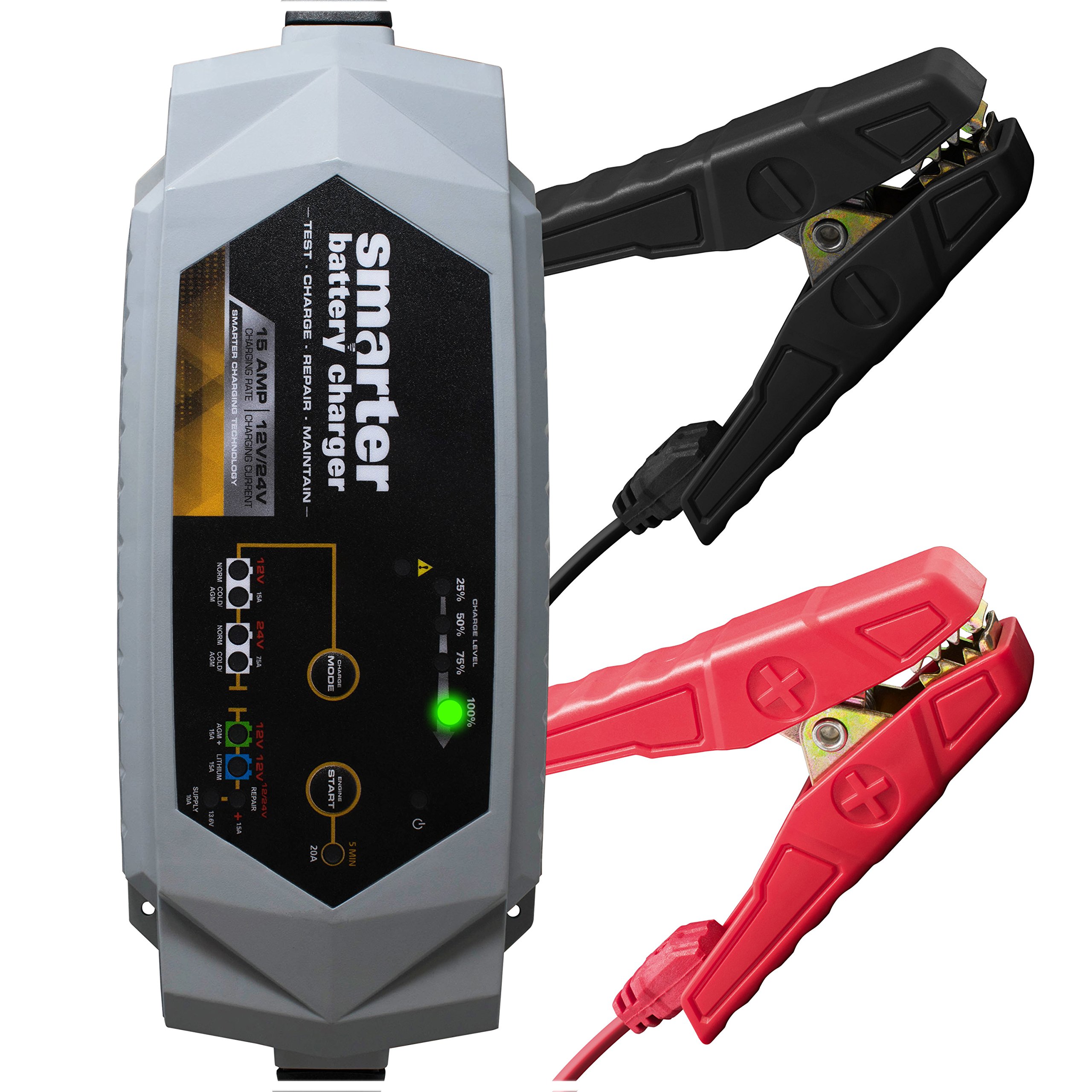 Smartech 15A Car Battery Charger - 12V/24V Automotive Battery Maintainer & Desulfator - Repair & Test Fully-Drained Lead-Acid/Lithium Batteries - Waterproof Multi-Function Charger for AGM, Motorcycle, SUV, Boat - Perfect for Road Trips, Winter Storage & Marine Use