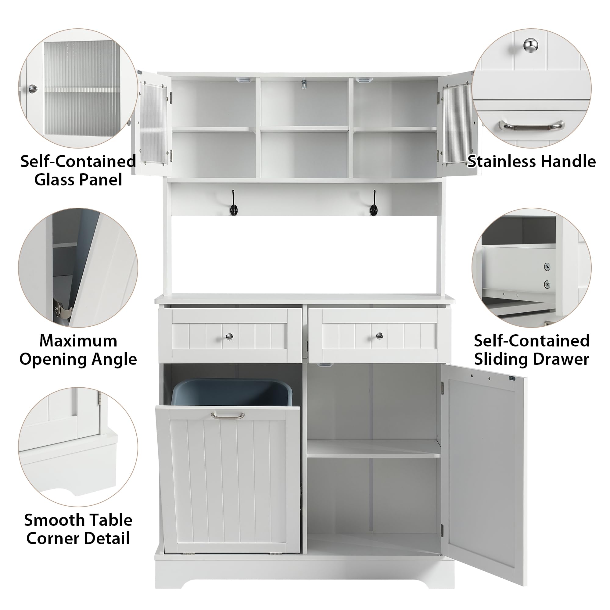 White Tilt-Out Trash Cabinet - Solid Wood Hideaway Trash Can with 2 Drawers, Freestanding Storage Cabinet for Kitchen Recycling & Waste Disposal - Perfect for Small Spaces & Home Organization