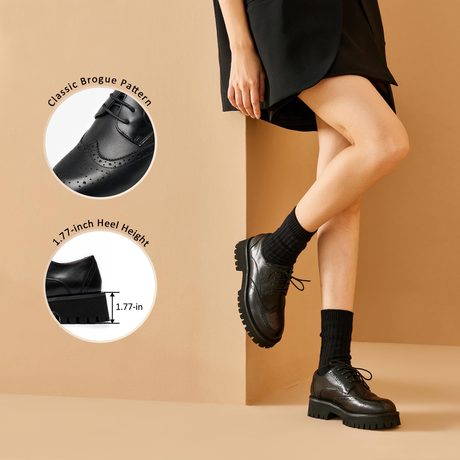 BEAU TODAY Women's Platform Oxford Shoes - Chunky Leather Lace-Up Casual & Dress Shoes for Office Work | Comfortable Business Attire & Everyday Wear