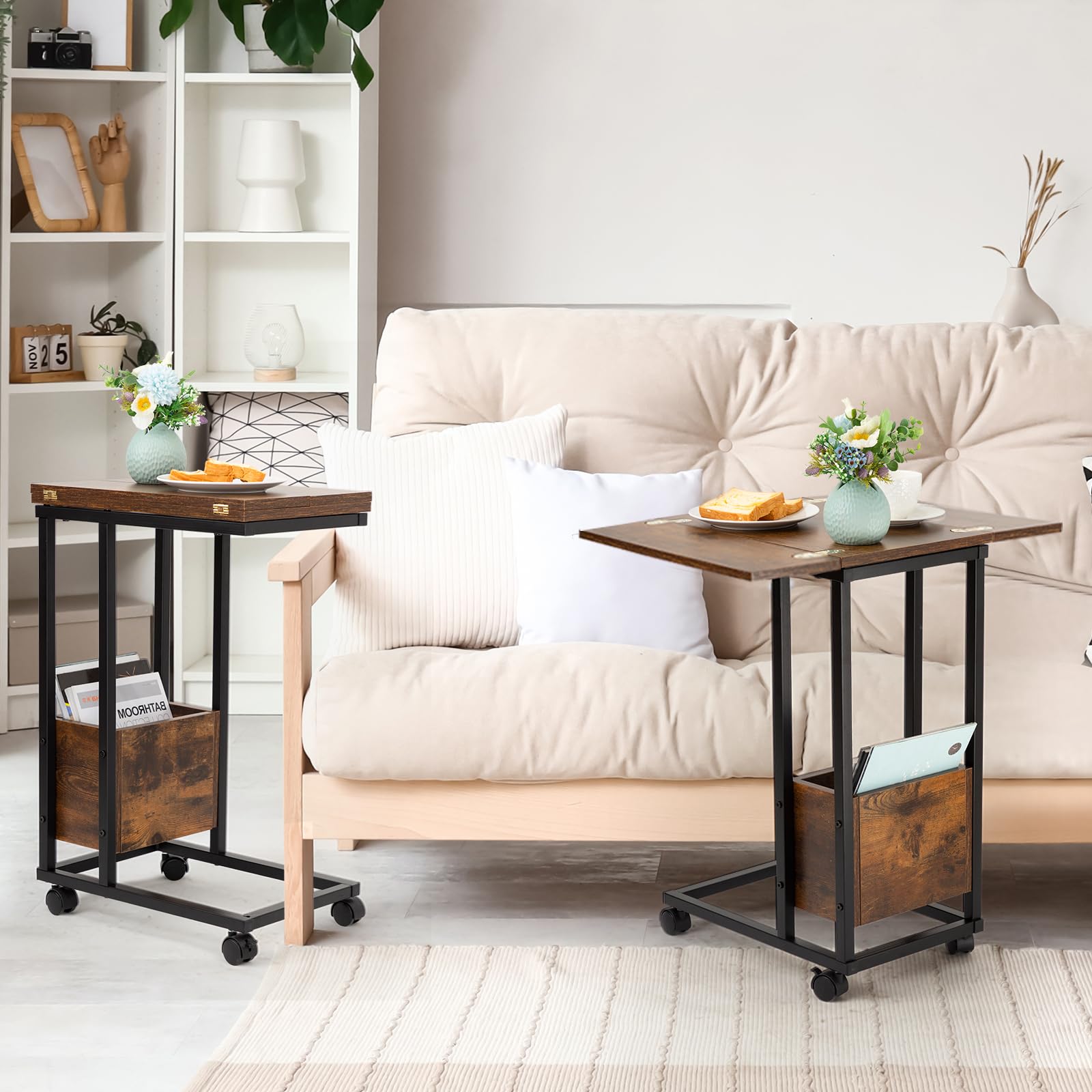 Hadulcet Modern C-Shaped End Tables Set of 2 - Rustic Brown Small Side Tables for Living Room, Sofa, Couch - Slide Under Furniture Snack Tables & TV Trays - Perfect for Eating, Reading, and Entertaining Guests