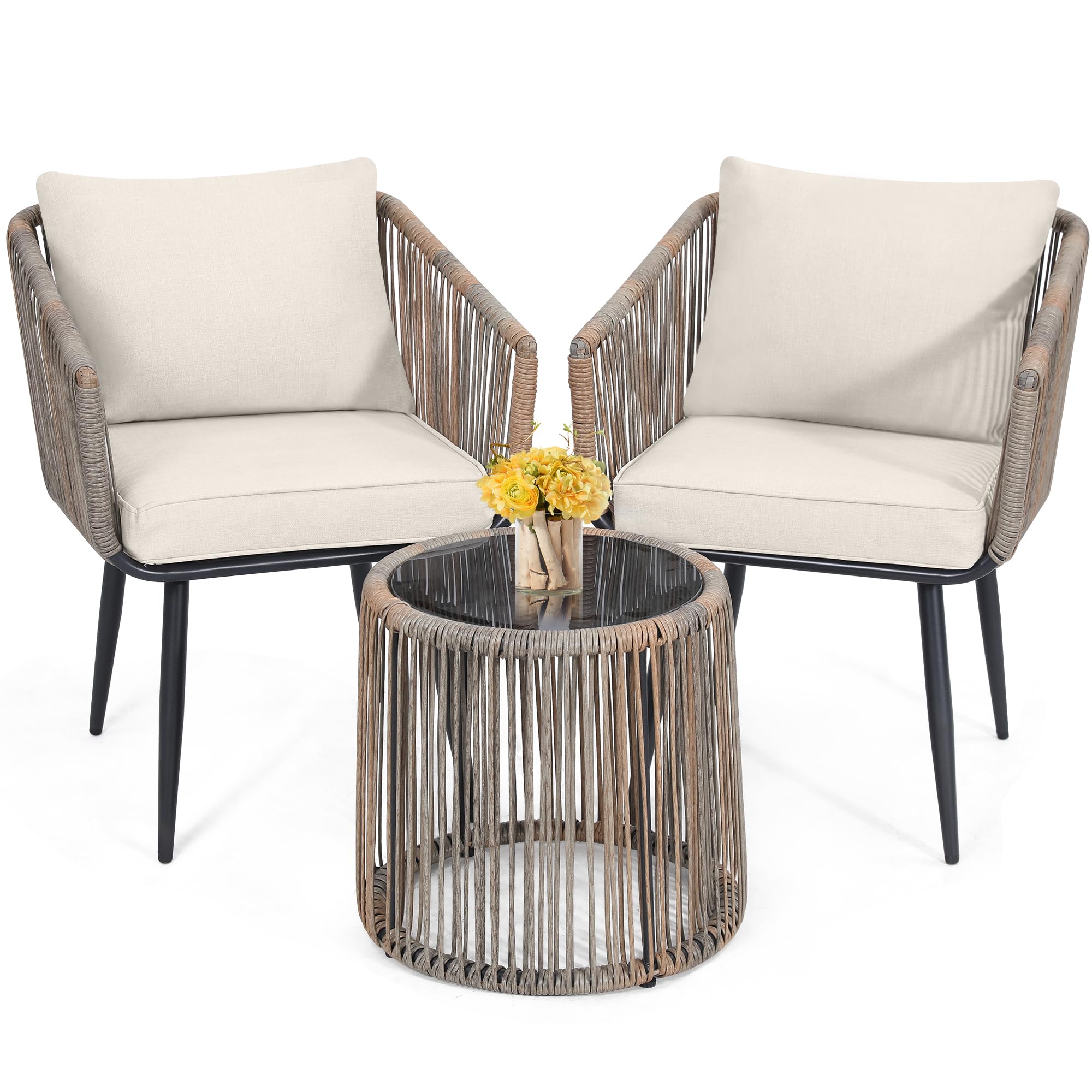 Kromax 3-Piece Patio Rattan Bistro Set - All-Weather Wicker Outdoor Furniture with 2 Chairs & Side Table - Perfect for Balcony, Porch, Backyard, Garden or Poolside - Beige