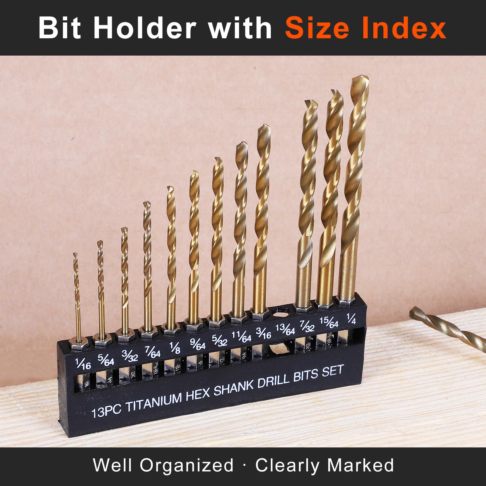 COMOWARE 16-Piece Titanium Twist Drill Bit Set - High Speed Steel Hex Shank for Wood, Plastic & Aluminum Alloy - Quick Change (1/16