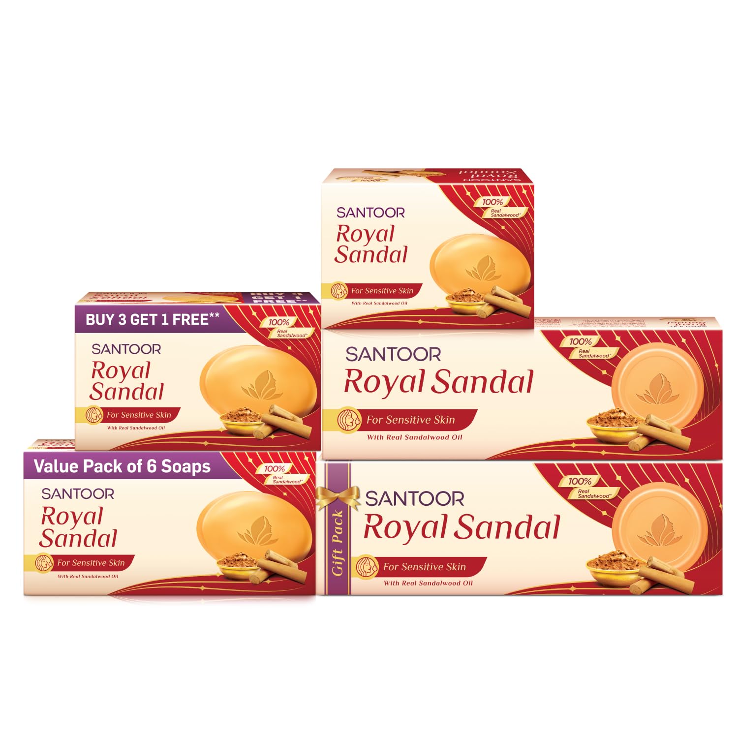 Santoor Royal Sandal Bathing Soap for Sensitive Skin - 100% Natural Sandalwood Oil & Powder with Chamomile Oil & Creamy Moisturizers - Soothes Irritation, Promotes Healthy Glow & Long-Lasting Fragrance - 150g (Pack of 3) - Perfect for Daily Skincare & Aromatherapy Baths