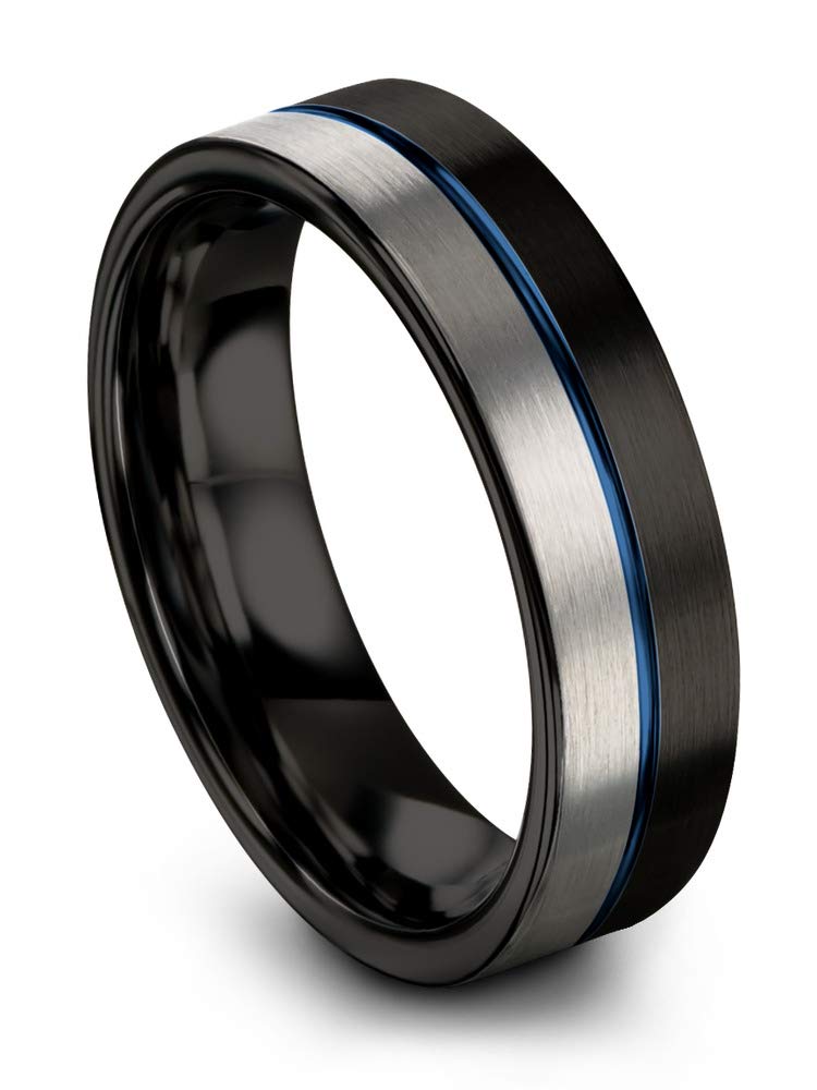 Tungsten Carbide Wedding Band Ring 6mm - Blue Black Center Line Flat Cut for Men & Women - Half Brushed Polished Finish - Custom Engraved for Anniversary & Engagement - Perfect for Everyday Wear & Special Occasions