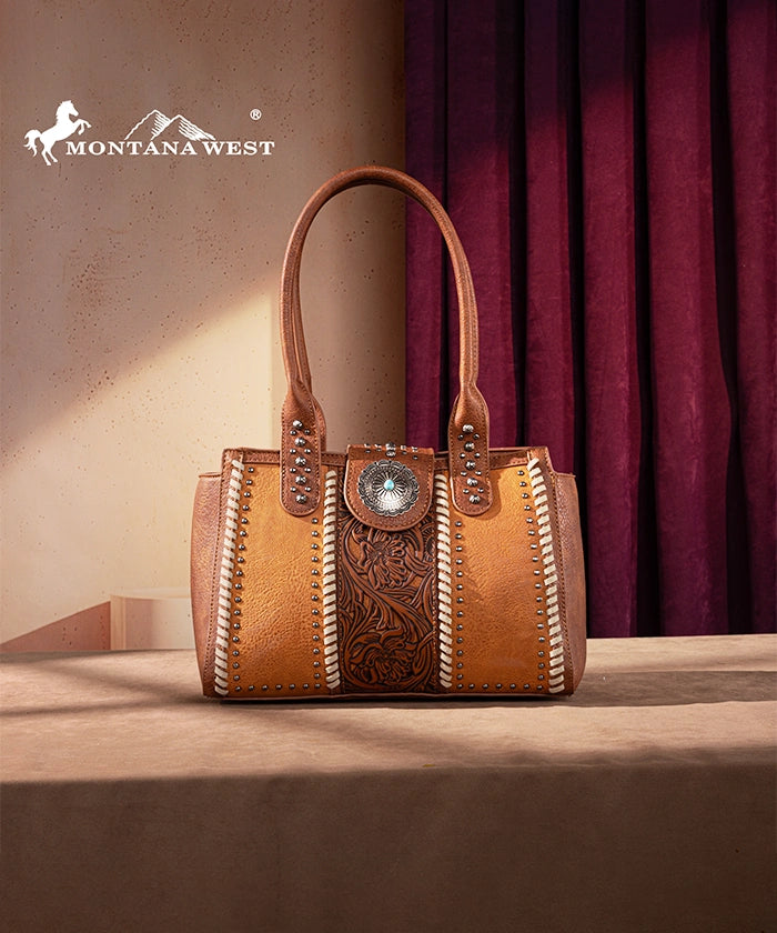 Montana West Tooled Leather Concealed Carry Tote Bag for Women - Western Style Handbag with Concho Details - Perfect for Everyday Use, Travel & Concealed Carry