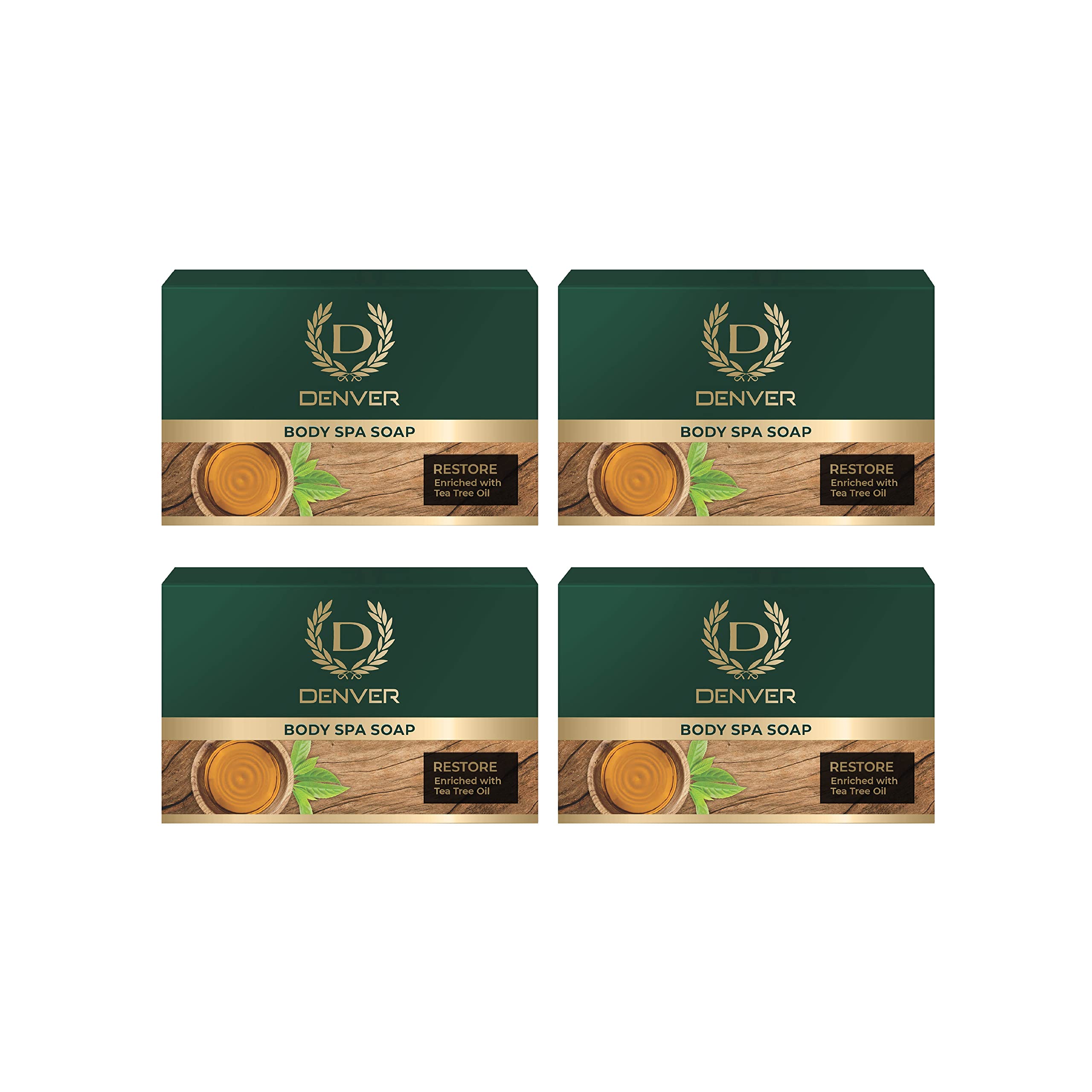 DENVER Restore Body Spa Soap - 125GM Each (Pack of 4) | Tea Tree Oil Enriched | Moisturizing Scented Soap Bar for Men & Women | Perfect for Shower, Bath & Relaxation
