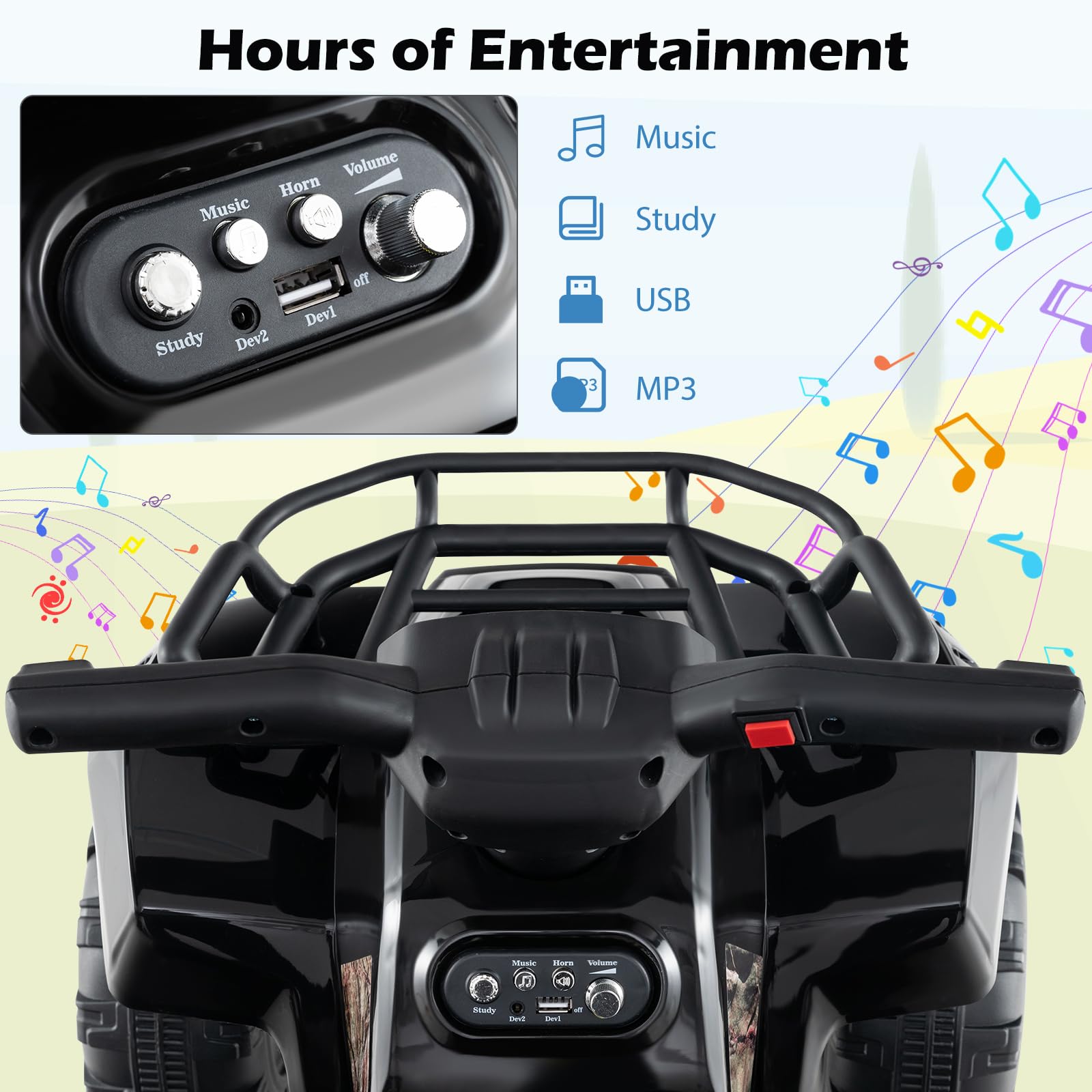 Costzon 6V Kids ATV Electric Ride-On Toy with Storage Basket, Headlight, Horn, Music, MP3 & USB - Battery Powered Four Wheeler Quad for Toddlers 18-36 Months (Black+Camo) - Perfect for Outdoor Play, Backyard Adventures & Birthday Gifts for Boys & Girls