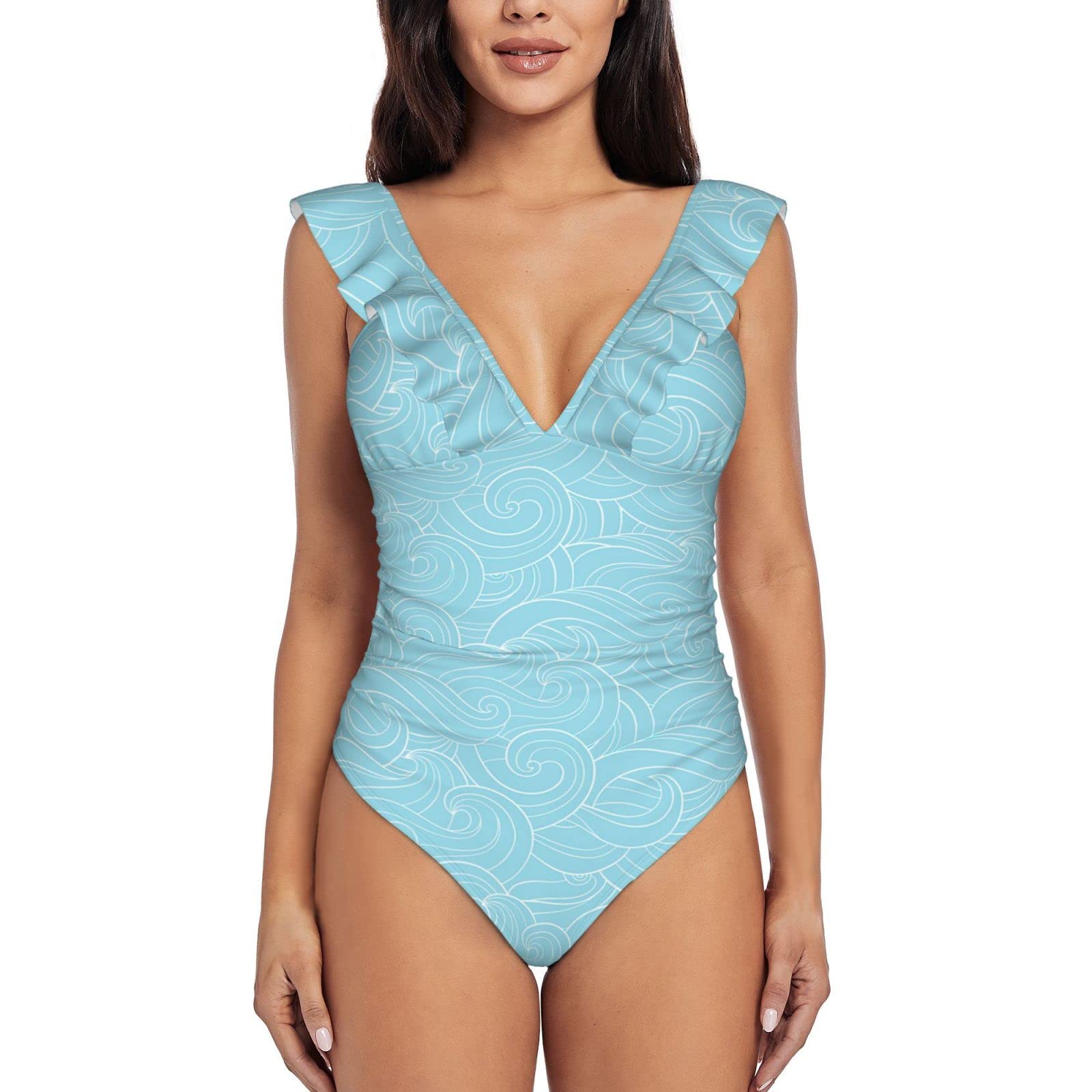 EVESKY Women's Tummy Control One Piece Swimsuit - V Neck Ruffle Monokini Bathing Suit for Beach, Pool & Vacation | Slimming Swimwear with Built-in Shapewear