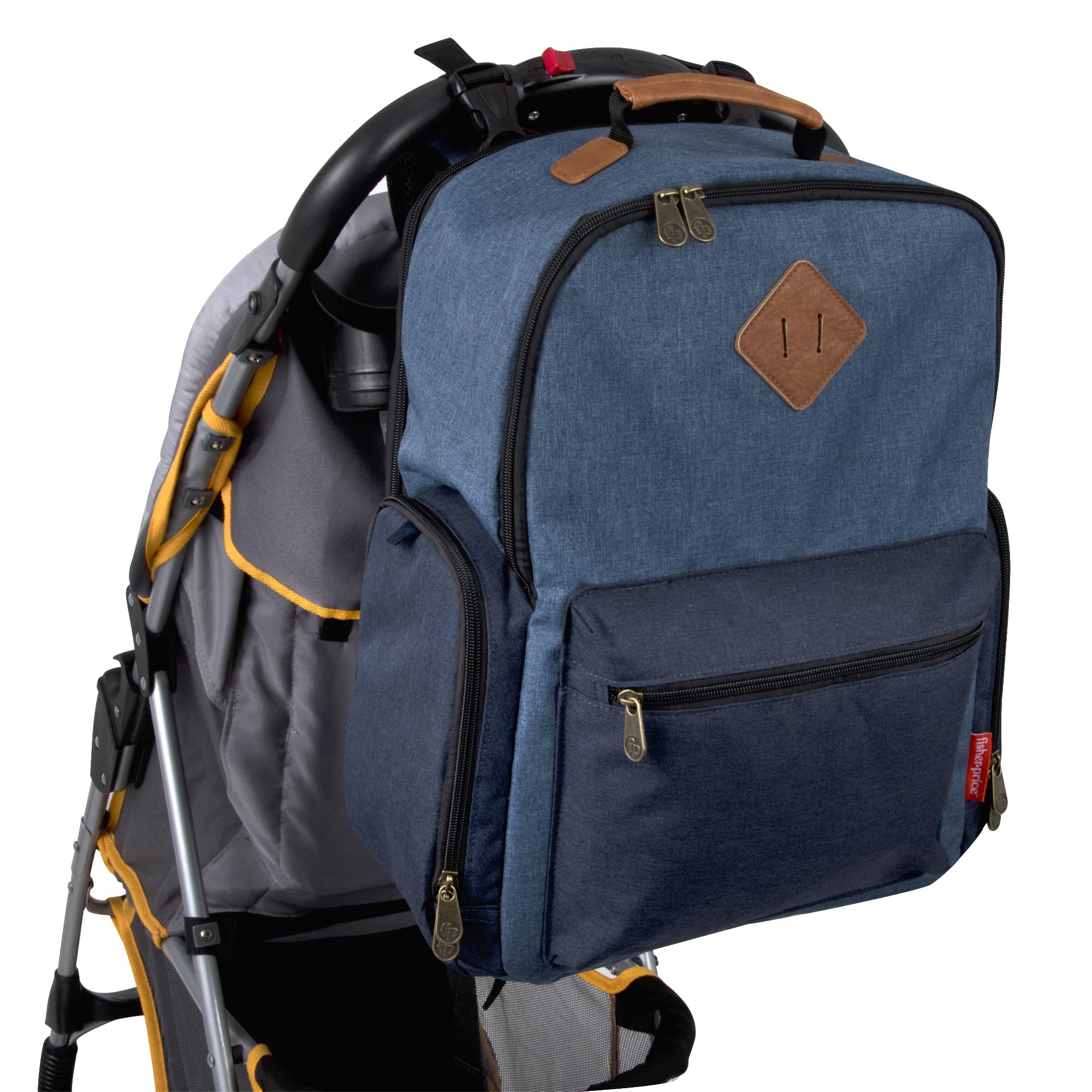 Fisher Price Multi Compartment Diaper Bag Backpack - Large Baby Diaper Bag with Portable Changing Pad, Wipes Pocket, Stroller Straps & Insulated Bottle Pockets | Blue River Design | Perfect for Travel, Daycare & On-the-Go Parents