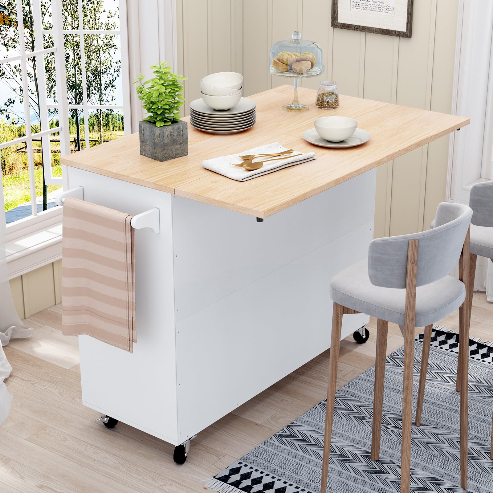 HLR Mobile Kitchen Island with Storage - Rolling Cart with Drop-Leaf Breakfast Bar, Spice Rack & Tower Shelves - Perfect for Small Kitchens, Apartments & Entertaining