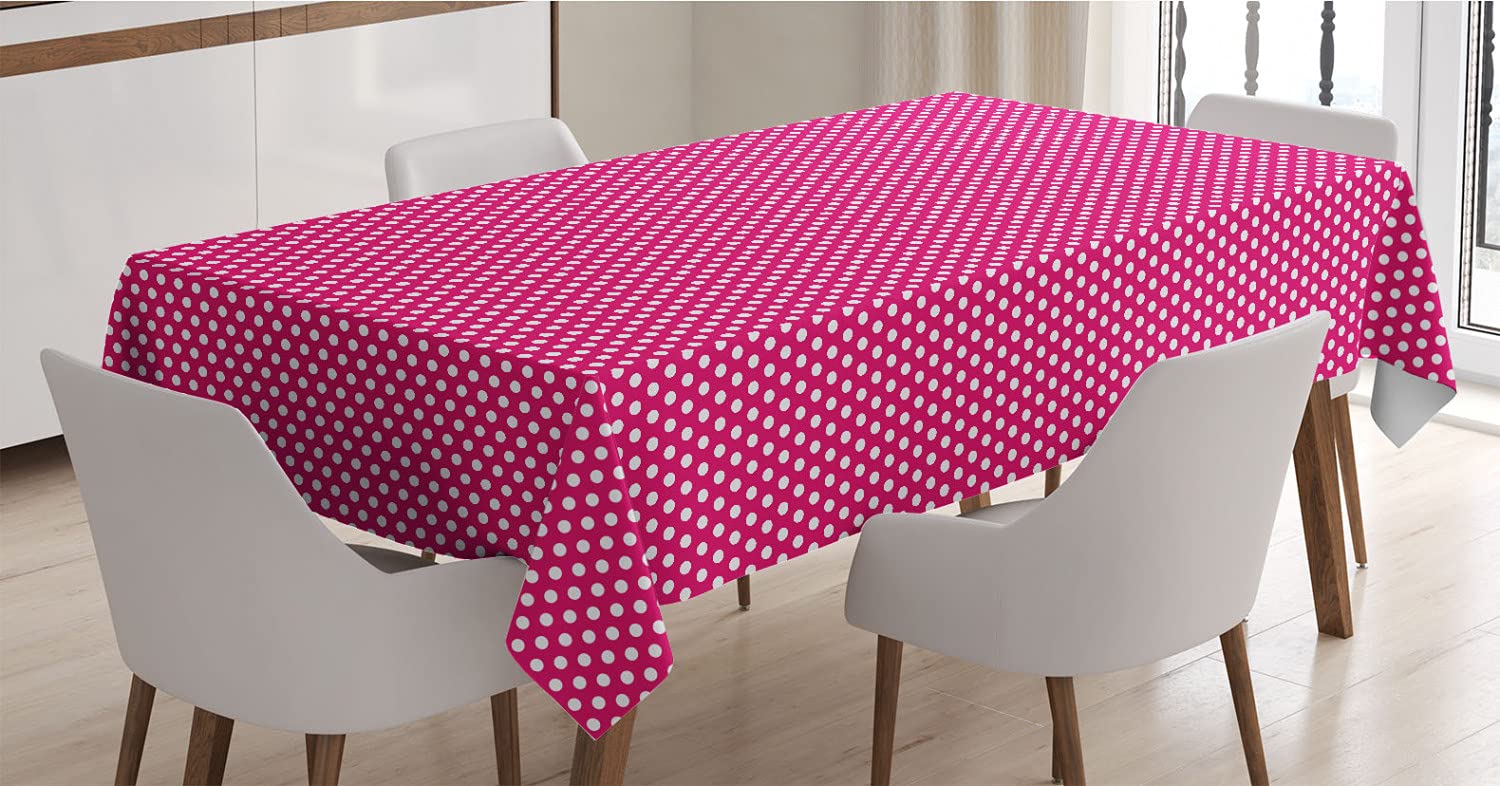 Ambesonne Pink Polka Dots Tablecloth - Modern Minimalist White Dots Design Satin Rectangle Table Cover 52