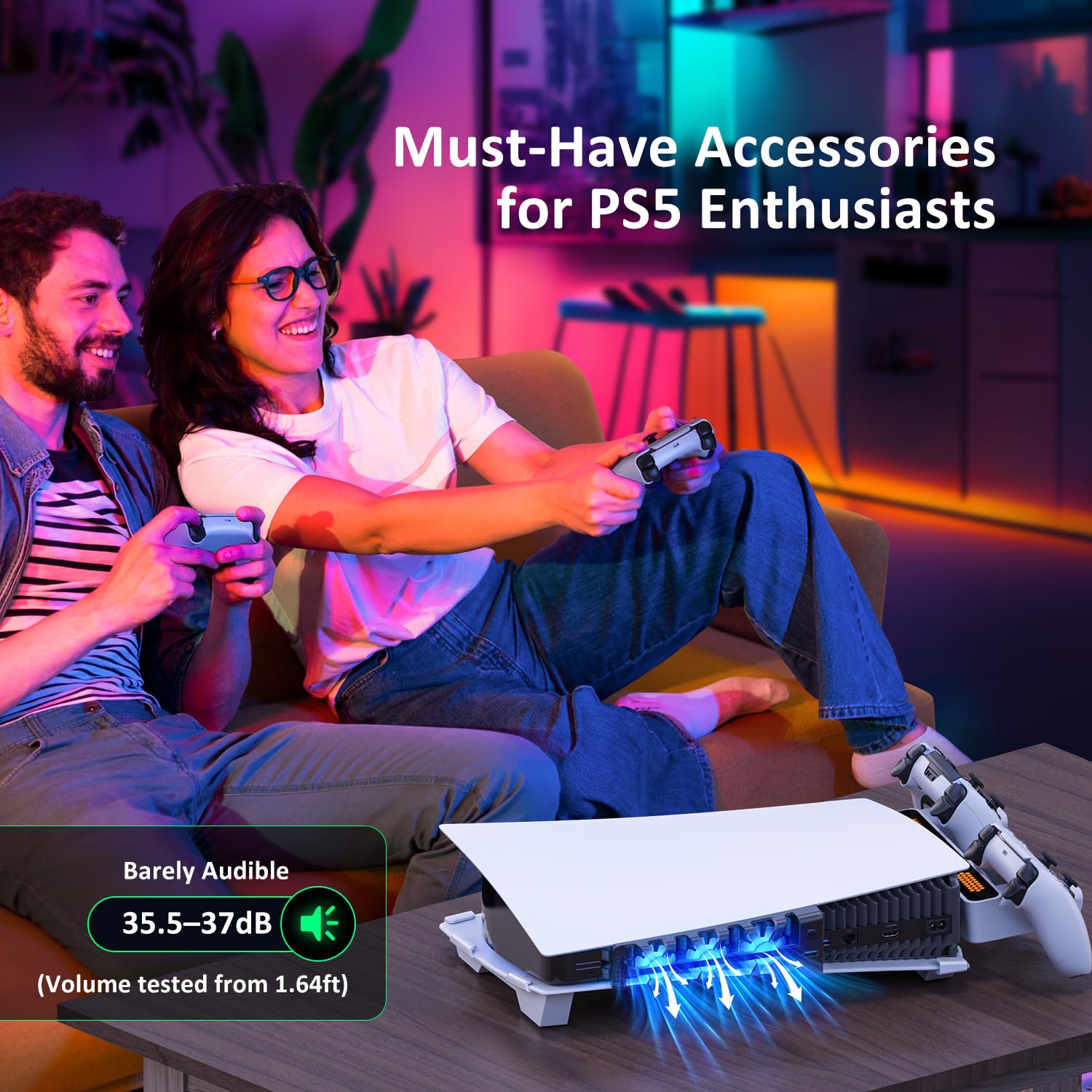 NexiGo PS5 Horizontal Stand with Dual Controller Charging Station - Silent Cooling Fan with Adjustable Speed, Auto Power On/Off - Compatible with PS5 Disc & Digital Edition (Not for PS5 Slim) - Perfect for Gaming Setups & Entertainment Centers