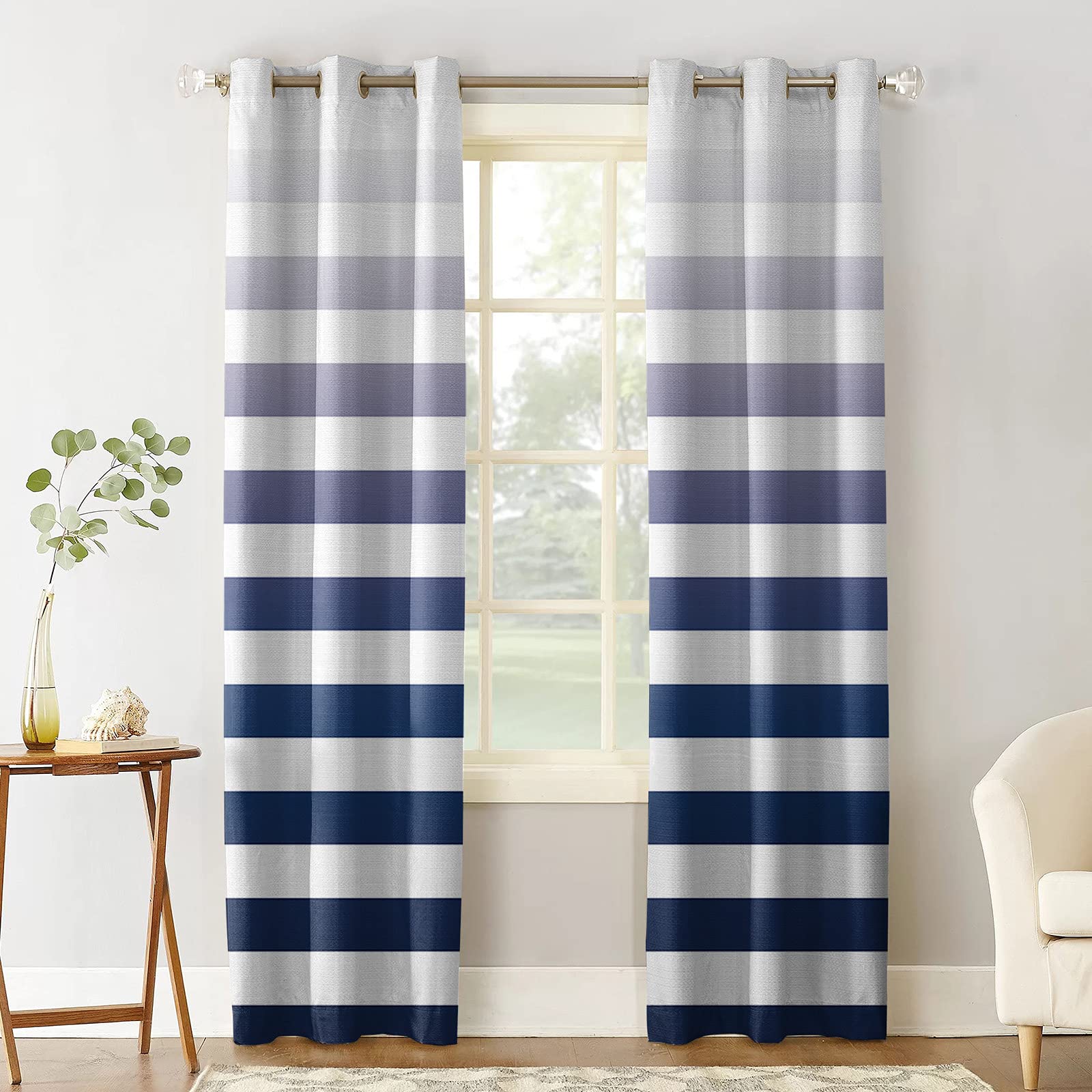 Navy Blue Stripe Gradient Blackout Curtains - Thermal Insulated Room Darkening Grommet Drapes for Living Room & Bedroom (2 Panels, 42x84 Inch) - Perfect for Home Theater, Nursery & Light Sleepers