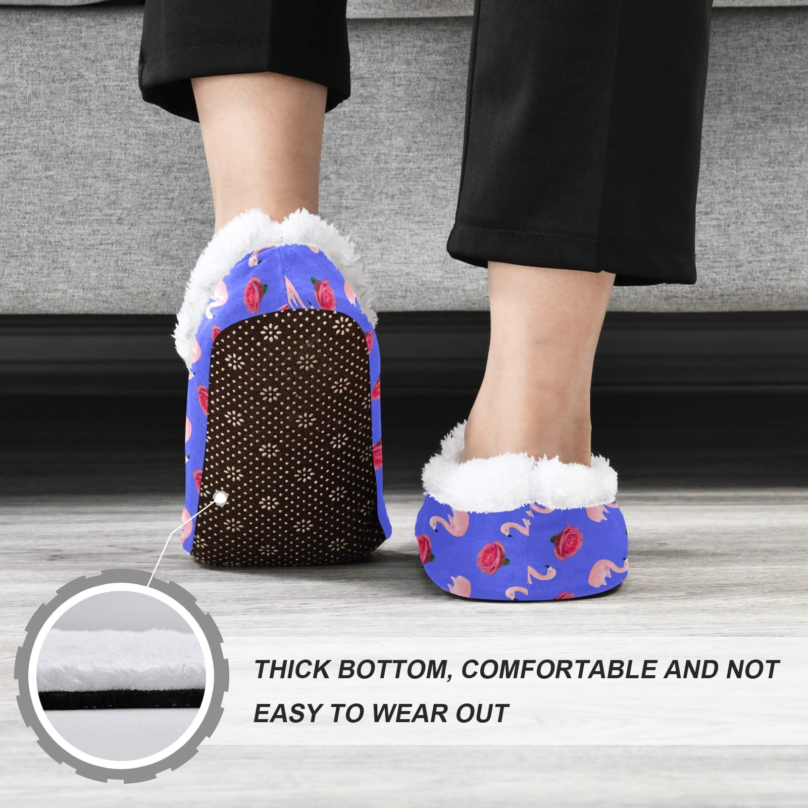 Women's & Men's Cozy Fleece House Slippers with Pink Flamingo & Rose Design - Warm Winter Indoor/Outdoor Slippers for Home, Office & Travel
