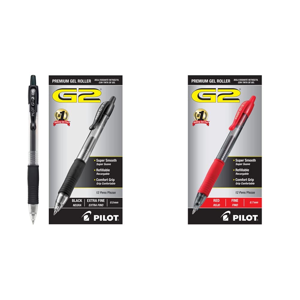 PILOT G2 Premium Refillable Retractable Gel Pens - 12-Pack Black Ink (31002) & 12-Pack Red Ink Fine Point (31022) for Office, School, Note Taking & Gift Giving
