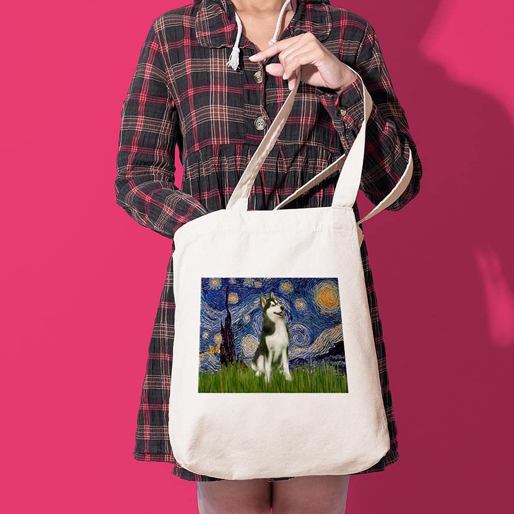 Starry Night & Husky Canvas Tote Bag - Eco-Friendly Reusable Shopping Bag for Groceries, Beach, Work & Daily Use