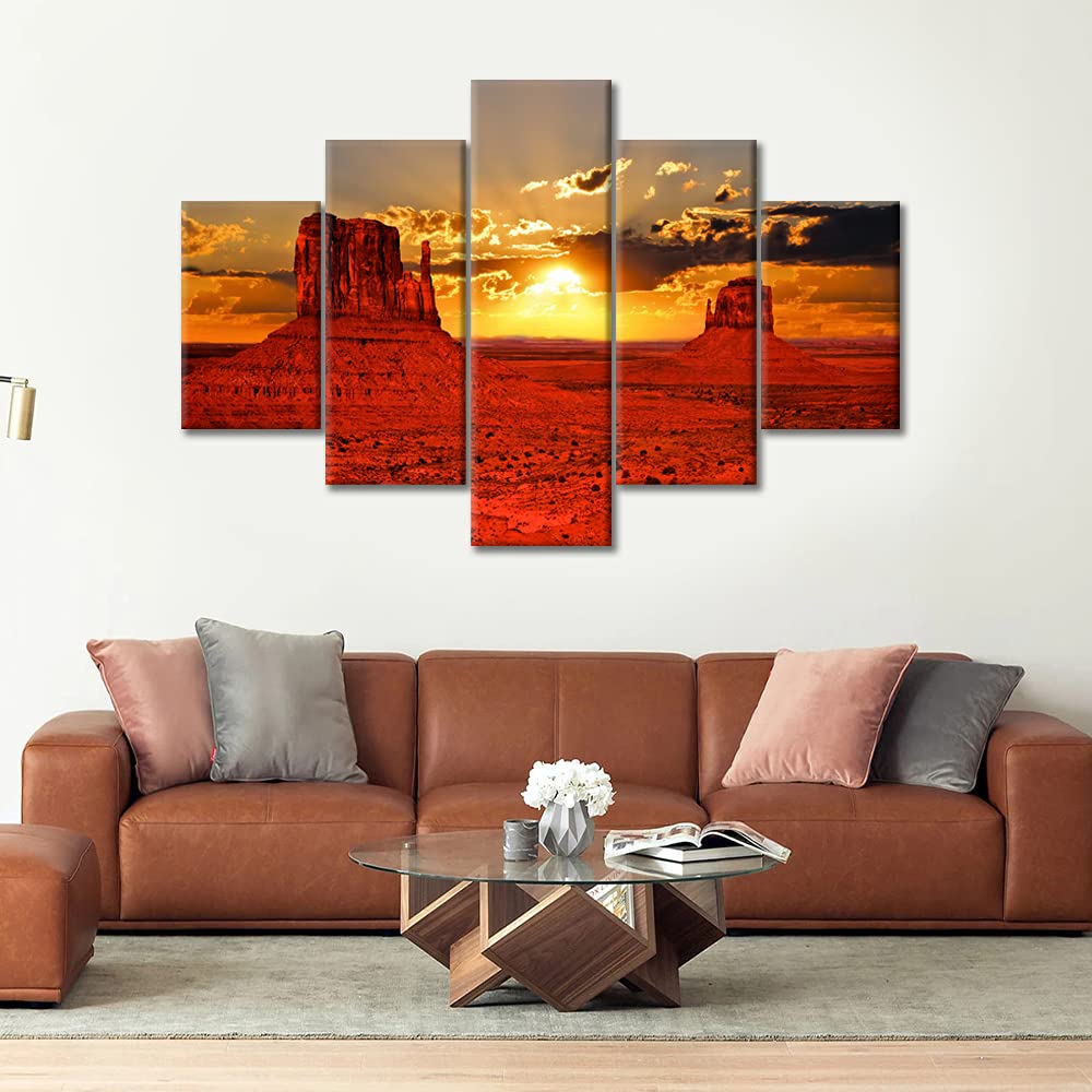 Monument Valley Sunrise Landscape Canvas Wall Art - 5 Piece Framed Ready to Hang Wall Decor for Living Room, Bedroom & Bathroom (60''W x 40''H) - Perfect for Southwestern Home Decor & Desert Themed Interior Design