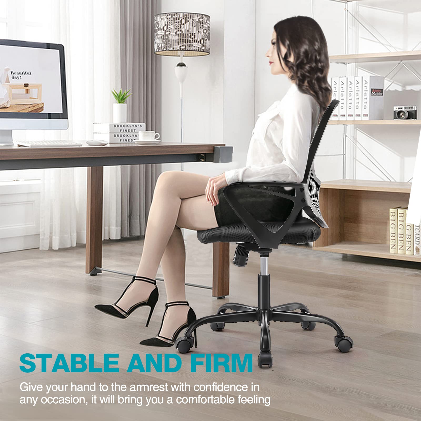 Ergonomic Office Chair with Wheels & Lumbar Support - Mid Back Mesh Computer Desk Chair with Fixed Armrests, Rolling Swivel Home Office Chair (Black) - Perfect for Long Work Hours, Gaming & Study Sessions