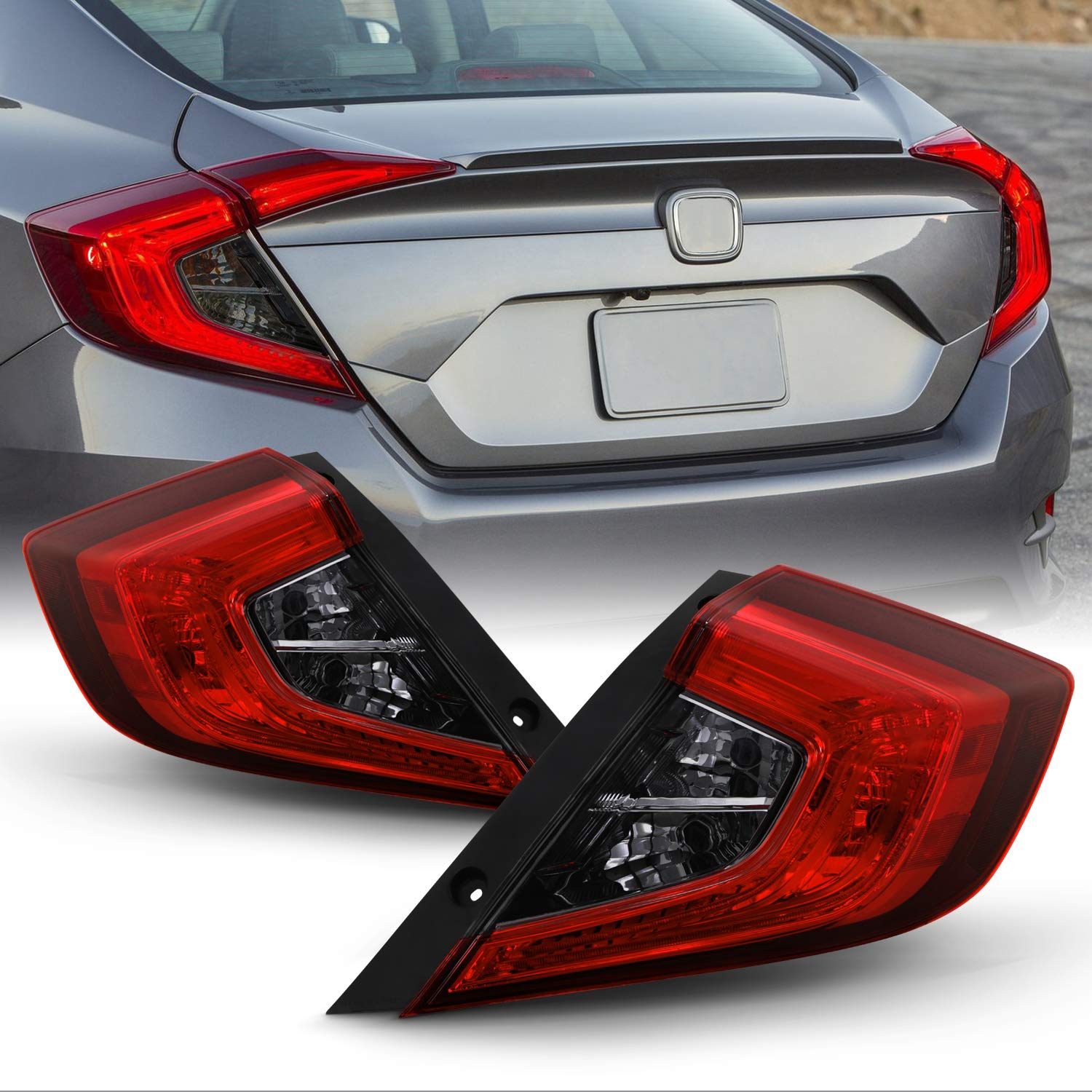 AKKON Red Smoked LED Tail Lights Pair for 2016-2021 Honda Civic Sedan - Left Driver & Right Passenger Side - US Built - Enhances Rear Visibility & Style for Night Driving & Car Shows