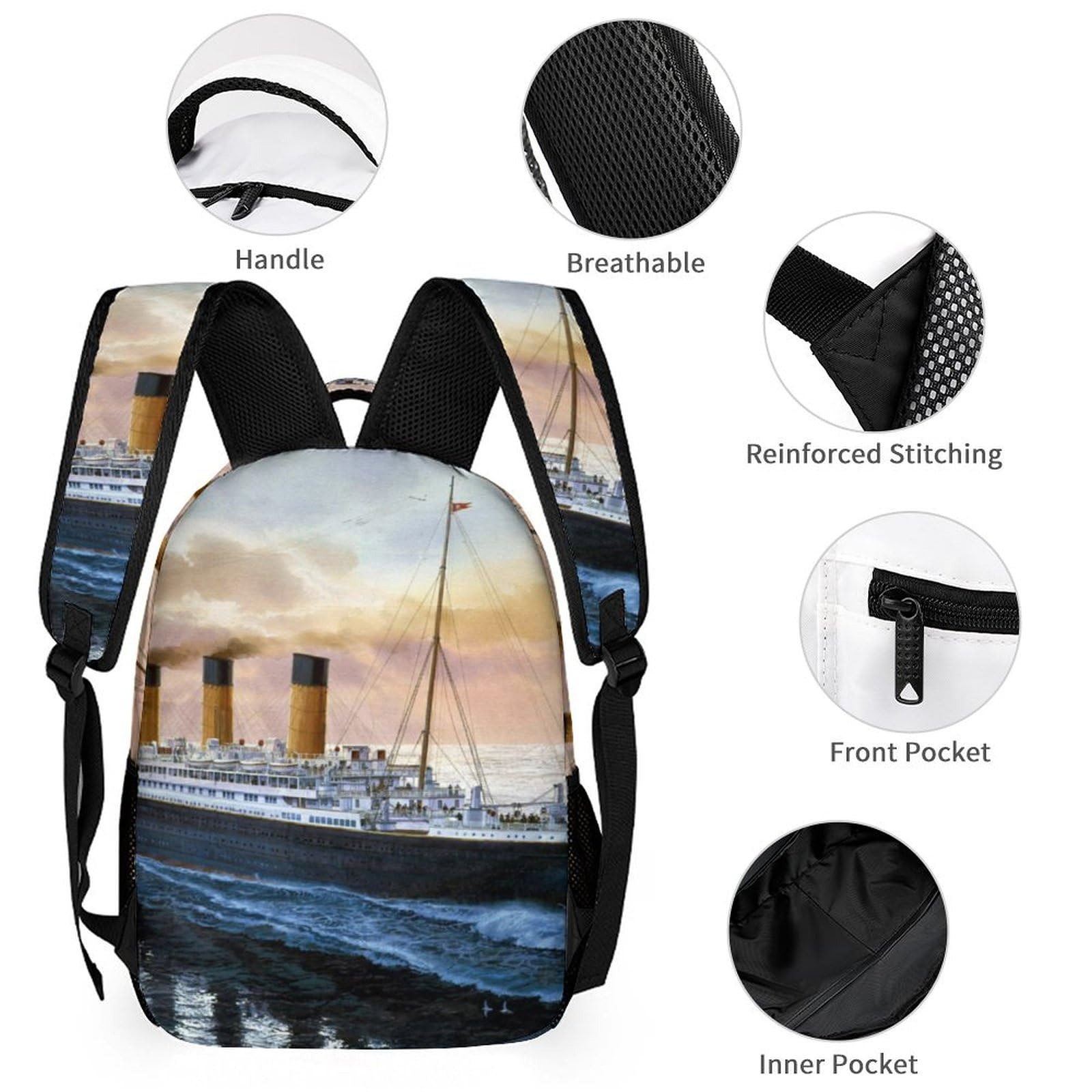 Vintage Titanic Themed 3-Piece Backpack Set - Retro Travel Daypack with Lunch Bag & Pencil Case for Men & Women | School, Office, Travel & Daily Use Accessories