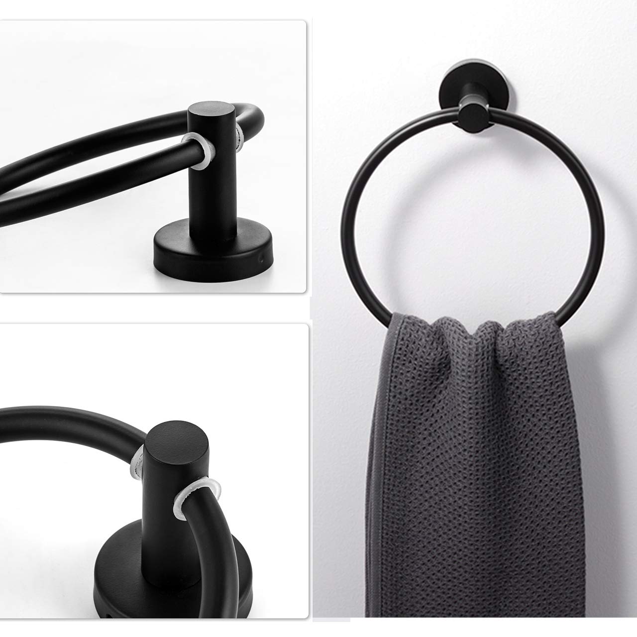 Stainless Steel Wall Mounted Towel Ring - Matte Black Rust Proof Bathroom & Kitchen Hand Towel Holder, Round Towel Hanger Hook for Bath, Kitchen, Laundry Room (Drill Required for Installation)