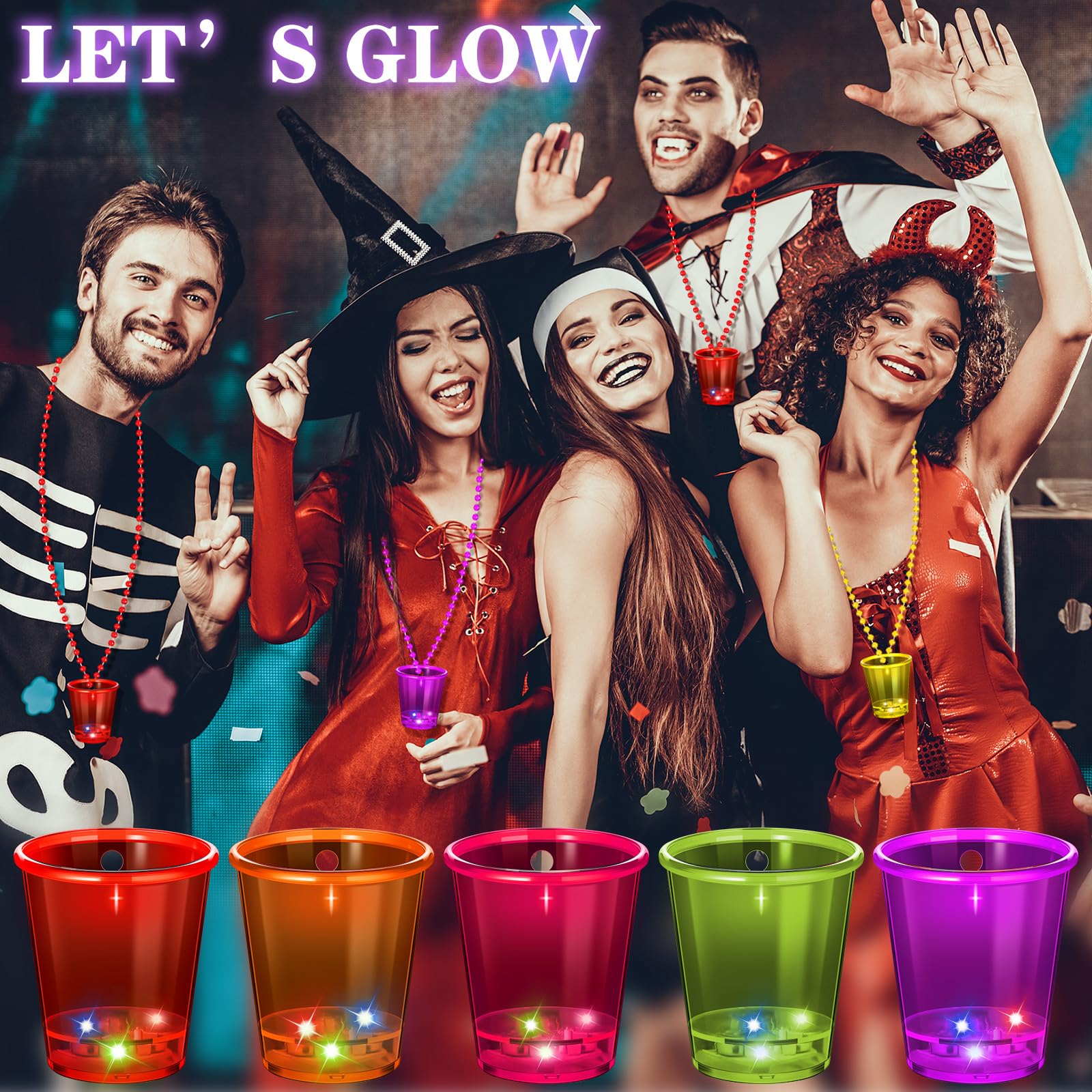 60 Pcs Glow in the Dark Shot Glass Necklaces - LED Light Up Party Cups for Halloween, Christmas, Birthday & Wedding - 15 Vibrant Colors - Perfect for Nightclubs, Raves, Bar Crawls & Themed Parties