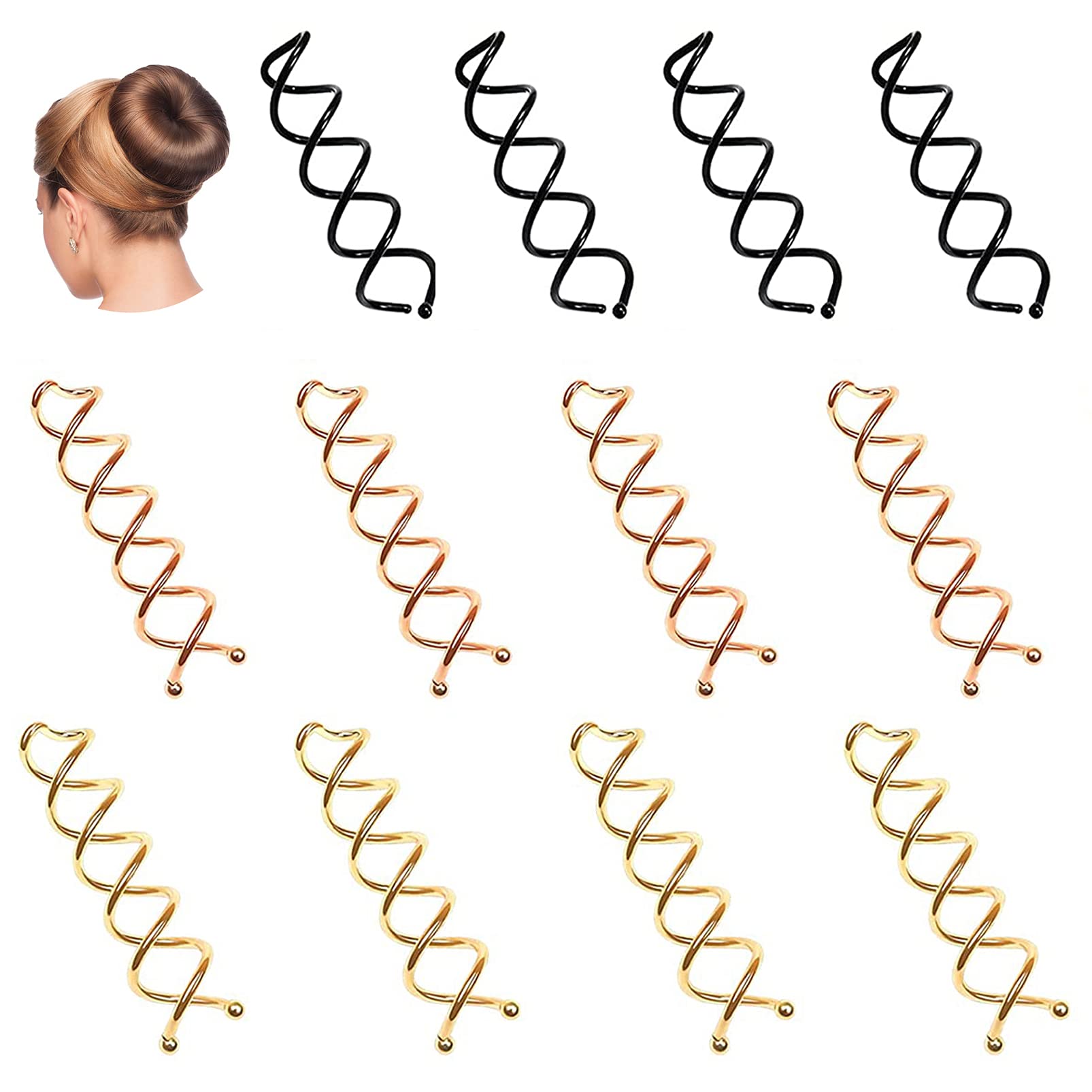12 Pack Spiral Hair Pins for Buns - Twist Hair Grips with Round Tips for Women & Girls (Black, Gold, Rose Gold) | DIY Hair Styling, Updos & Ponytail Holders