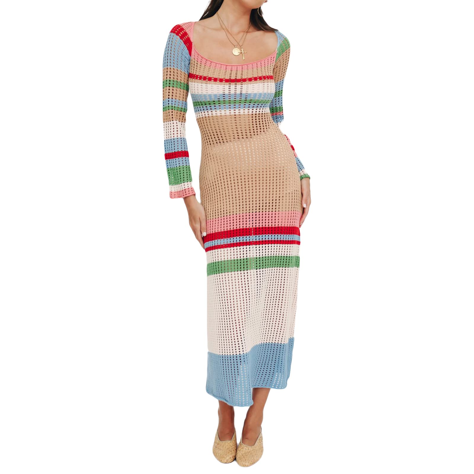 Stylish Murnouche Women's Summer Colorblock Knit Dress - Square Neck Hollow Out Bodycon Maxi Dress for Beach, Party & Casual Wear | Flattering Figure-Hugging Design