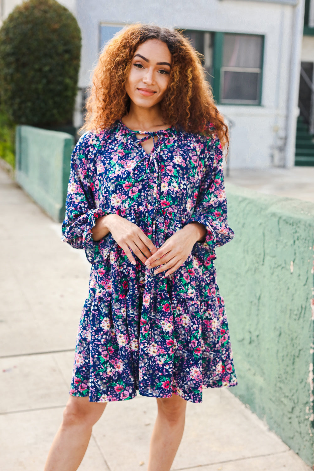 Joyful Navy Floral Bow Tie Babydoll Long Ruffle Sleeve Dress for Women - Elegant Party, Wedding Guest & Special Occasion Outfit