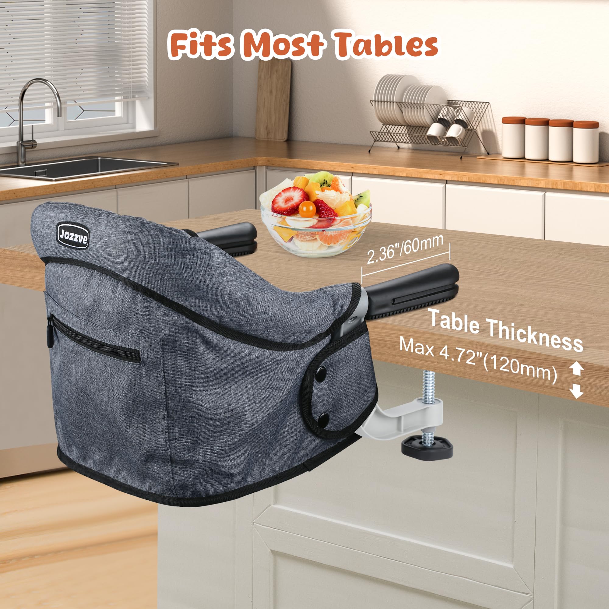 Jozzve Portable Hook On High Chair for Baby - Foldable Travel High Chair with Storage Bag, Clip On Baby Feeding Seat for Home & Dining Out (Grey) | Perfect for Restaurants, Picnics & Small Spaces